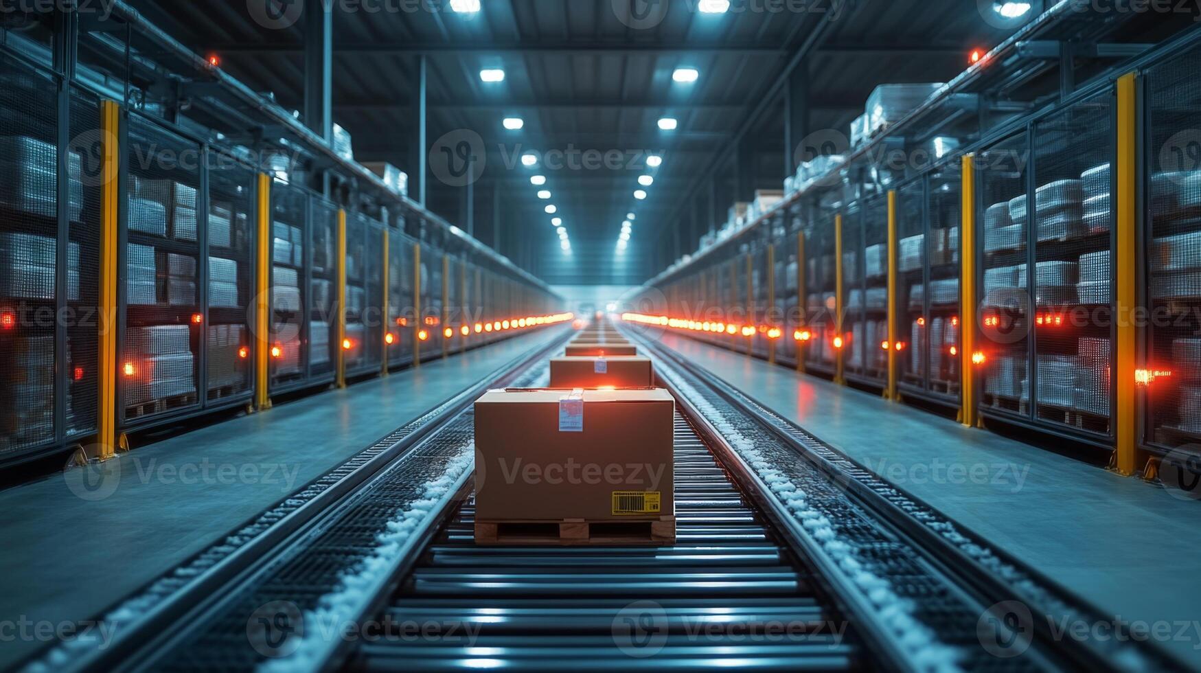 A busy warehouse features automated tracks moving packages, showcasing how logistics effectively manages climate controlled perishable inventory. photo