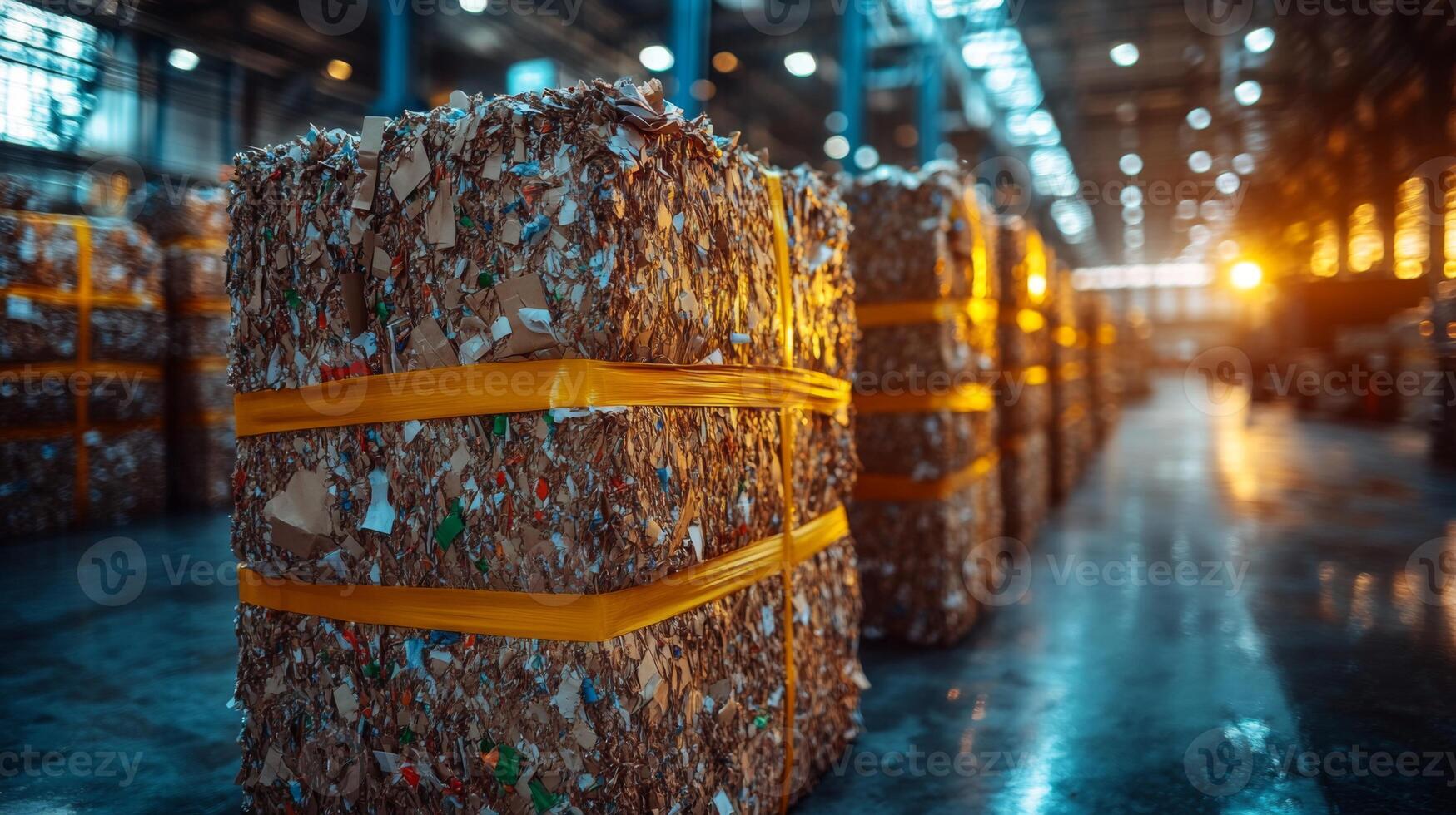 A busy warehouse showcases neatly stacked bales of recycled materials secured with yellow straps, highlighting effective inventory management and sustainability efforts in logistics. photo