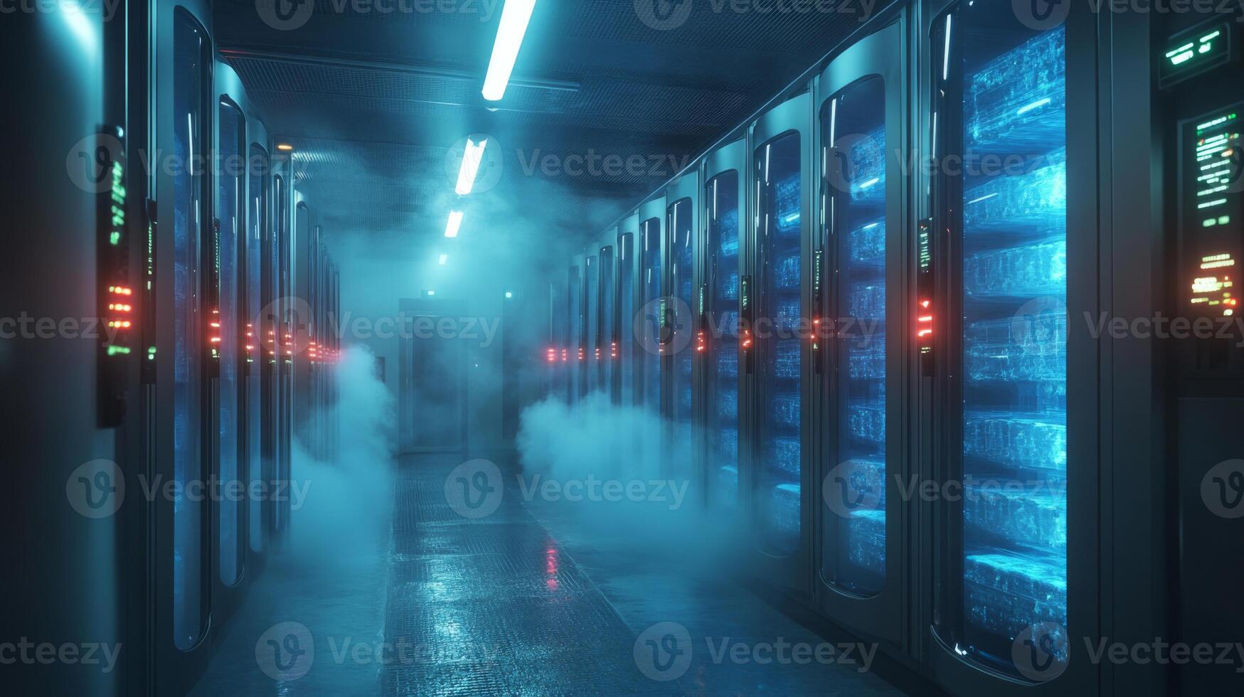 High tech cold storage environment features rows of refrigeration units maintaining precise temperatures for pharmaceutical products and perishable goods. photo