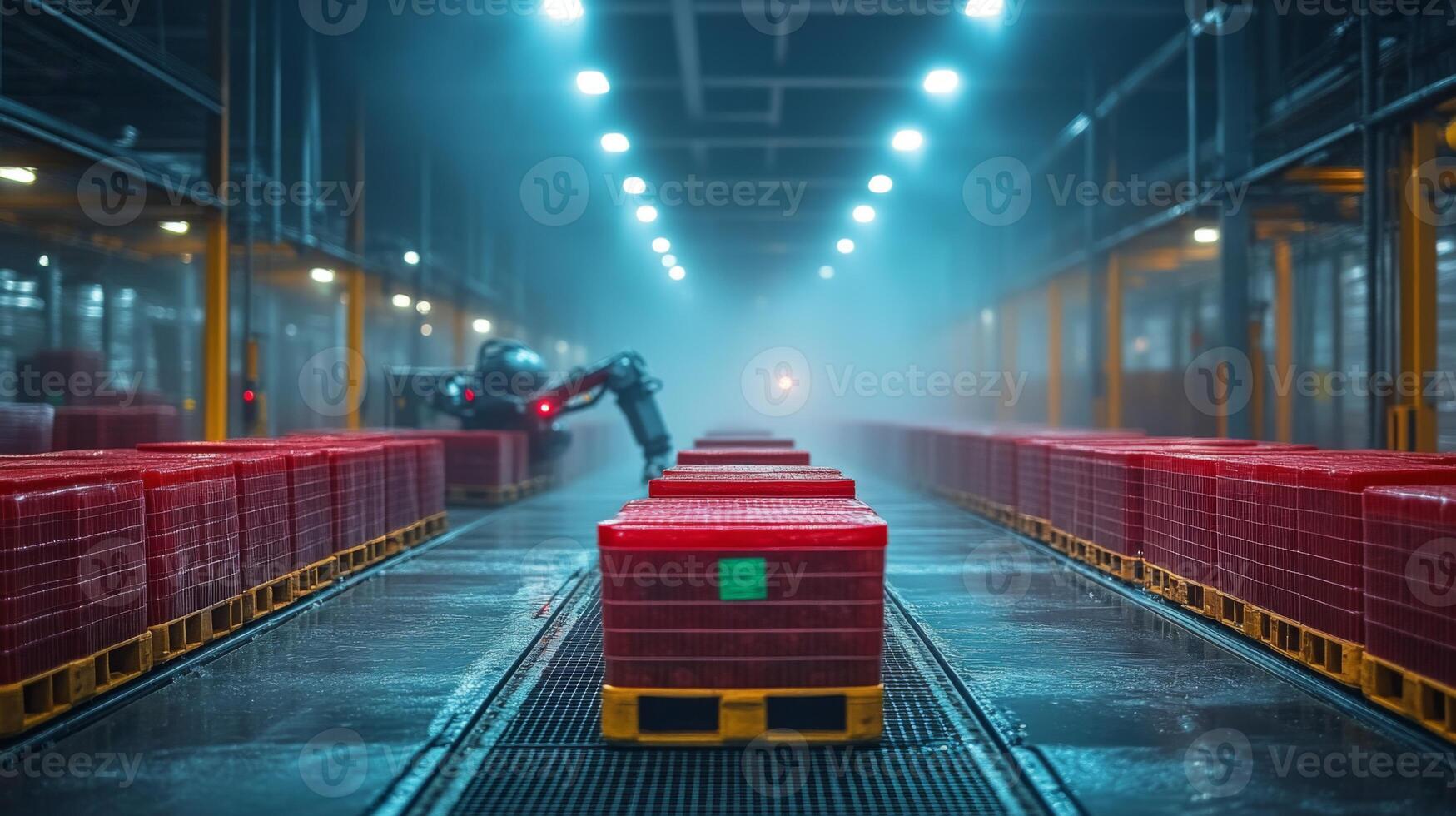 Robotic systems are actively retrieving and organizing pallets of perishable goods within a highly controlled cold storage warehouse environment, emphasizing efficient distribution processes. photo