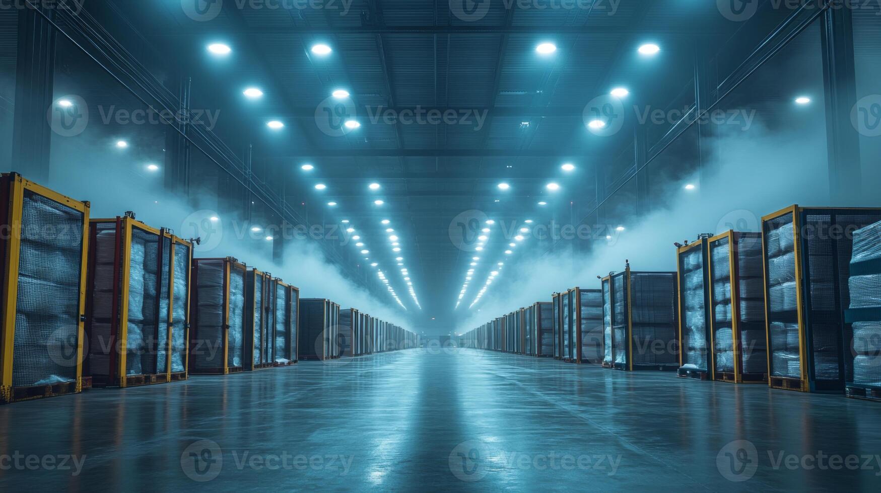 Large warehouse features rows of cold storage units designed for the safe storage of pharmaceuticals and perishable goods. Efficient logistics system in place for inventory management. photo