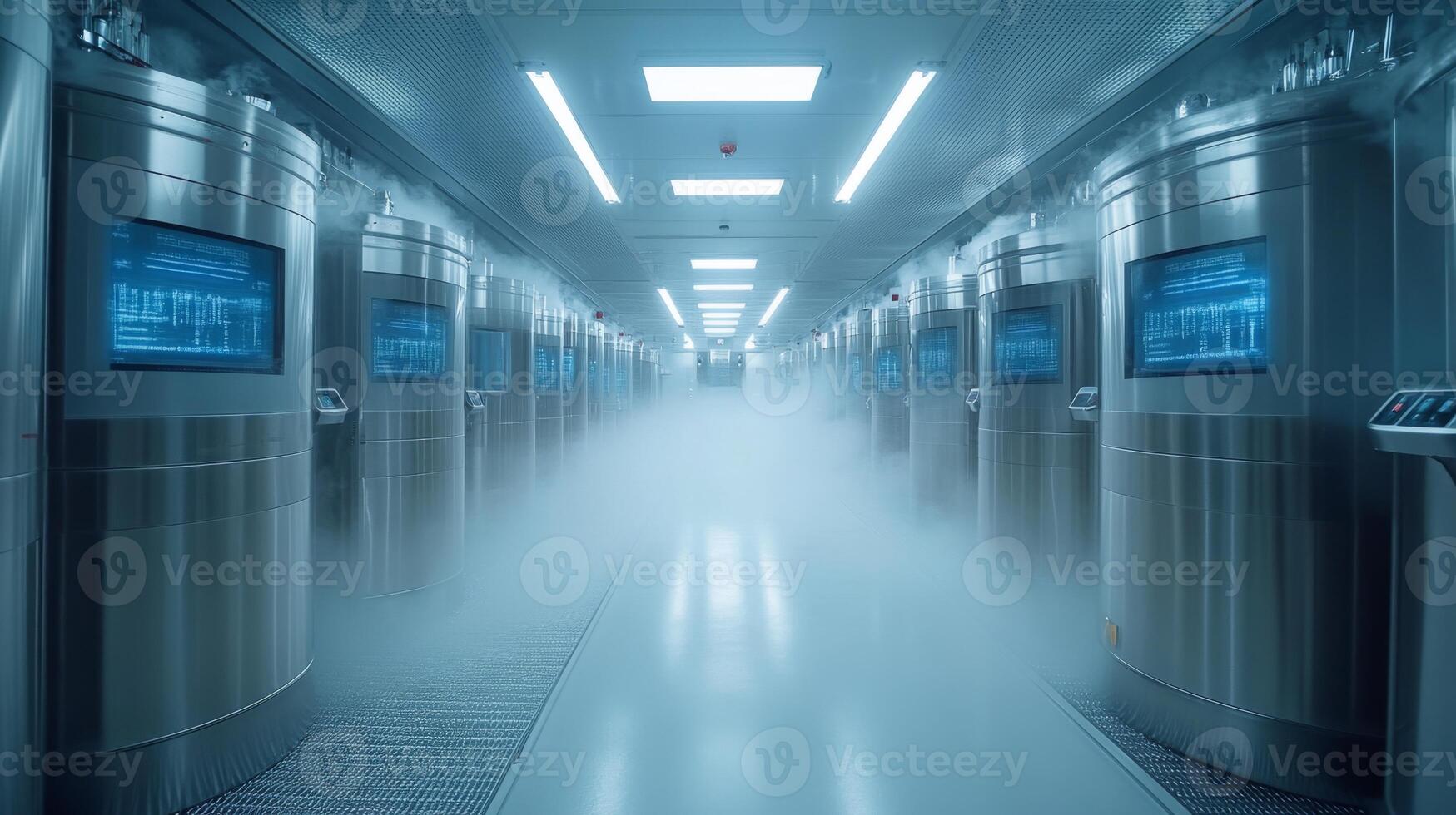 A spacious, high tech refrigerated warehouse designed for the storage and distribution of perishable goods, featuring climate control technology and rowed storage units. photo