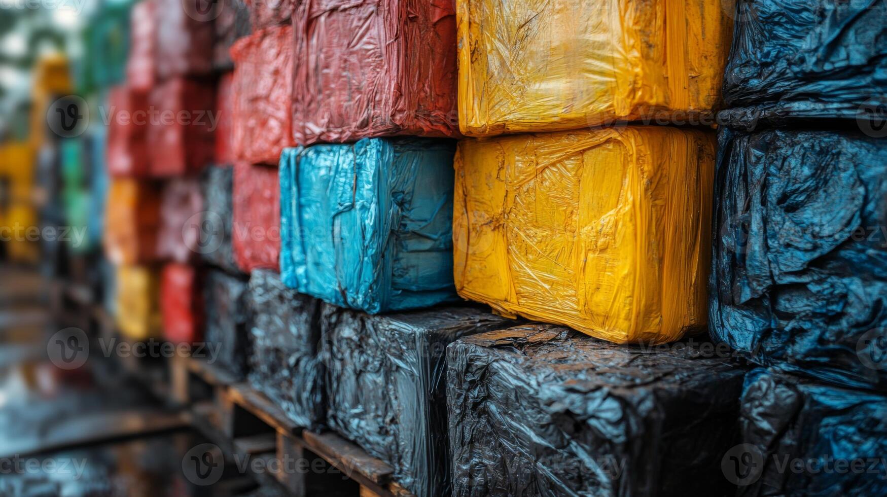 Recyclable materials are neatly stacked in colorful bales within a logistics warehouse, emphasizing efficient inventory storage and sustainable practices for waste management. photo