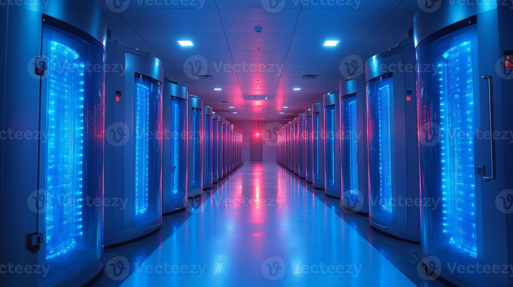 Rows of high tech temperature controlled storage units showcase sophisticated refrigeration systems for perishable inventory in a secure logistics environment. photo