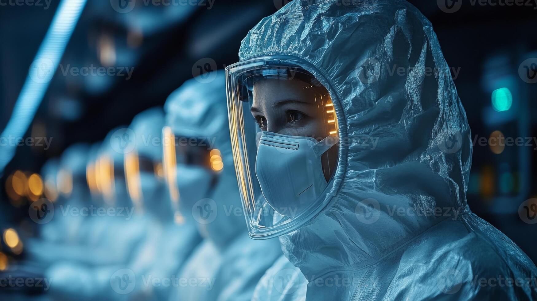 Individuals in protective clothing oversee the distribution and storage of pharmaceuticals in a climate controlled facility. Their focus ensures product integrity and safety. photo