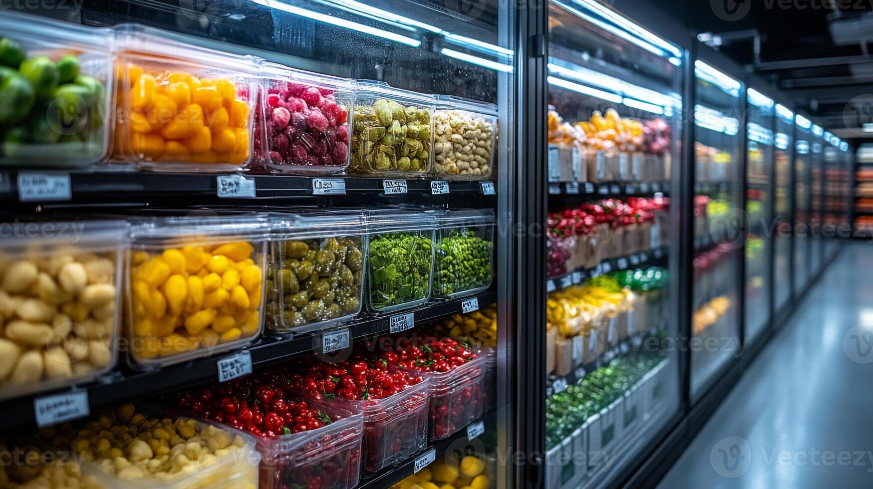 Fresh fruits and vegetables are neatly arranged in containers within a cold storage facility designed to maintain optimal conditions for perishable goods. photo