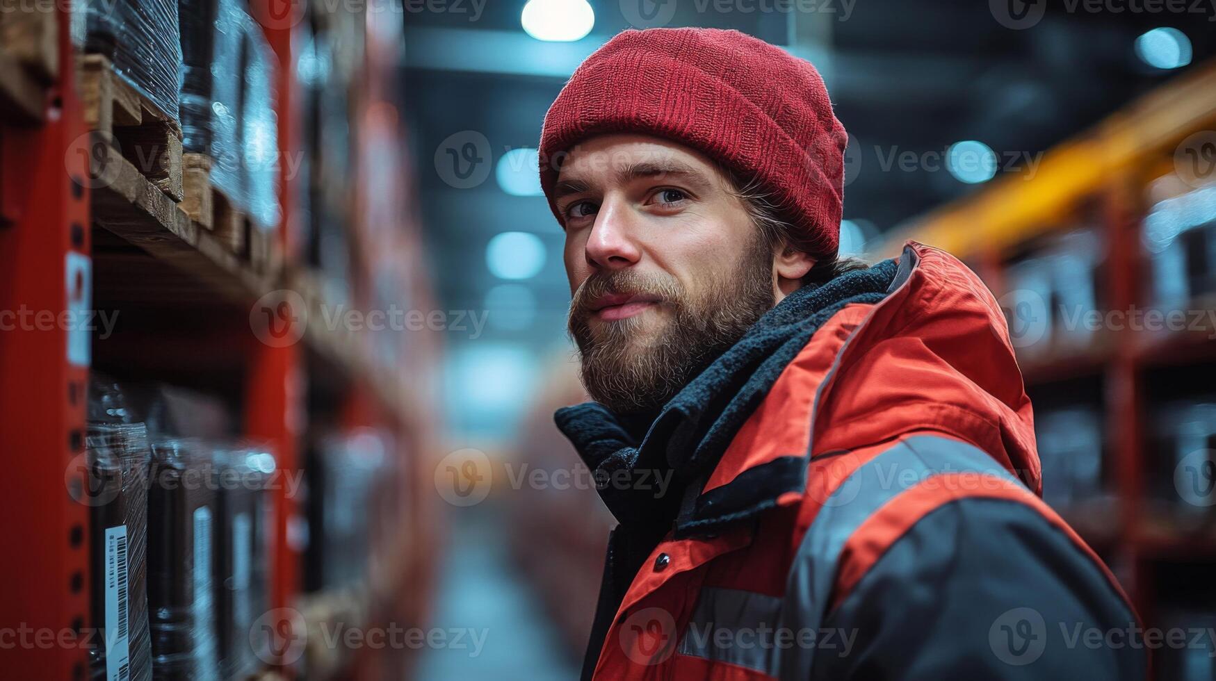 Individual in a red beanie and jacket stands in a warehouse aisle, overseeing inventory storage and logistics processes while organizing packaging materials at night. photo