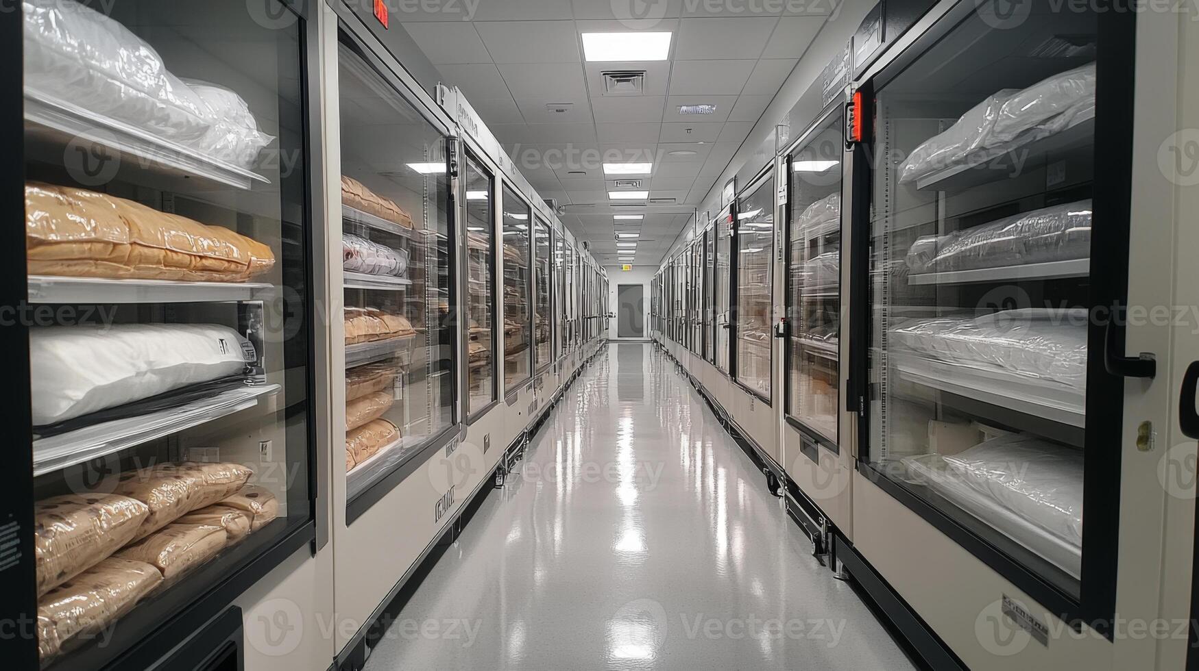 In a modern warehouse, an organized row of cold storage units displays carefully stored perishable items while maintaining optimal temperature controls for pharmaceuticals and other inventory. photo