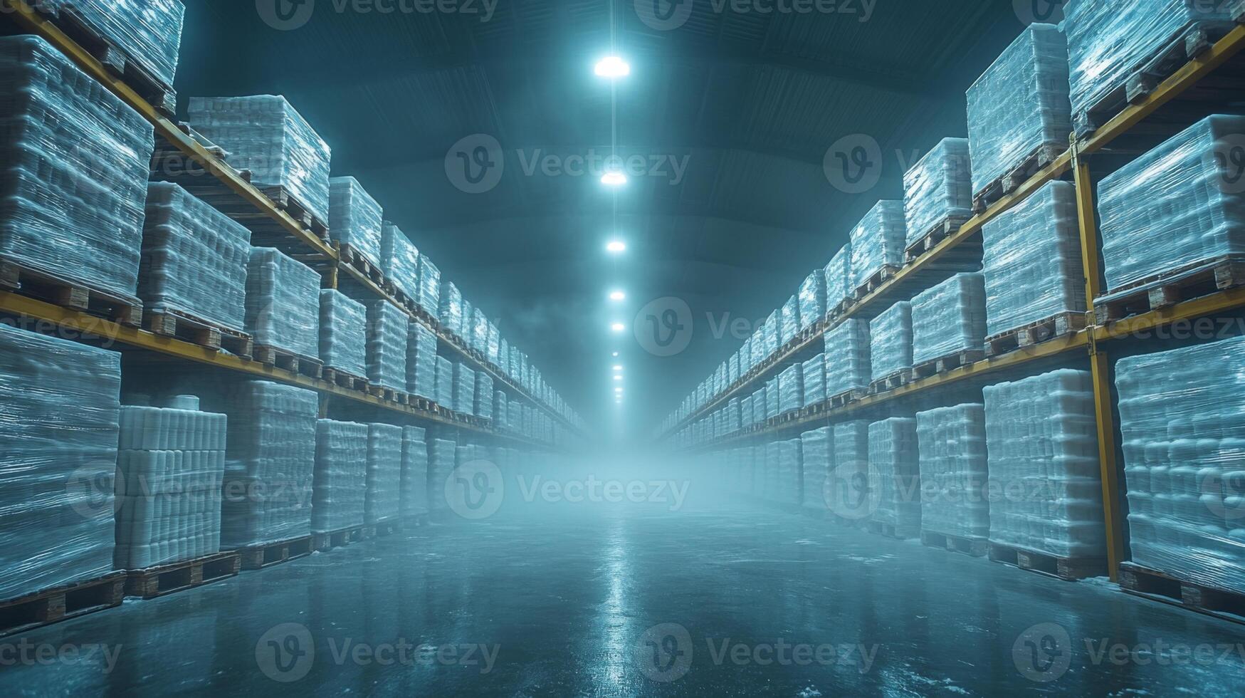 Warehouse features extensive shelving for cold storage, ensuring safe refrigeration of perishable items, maintaining critical climate control for pharmaceutical products. photo