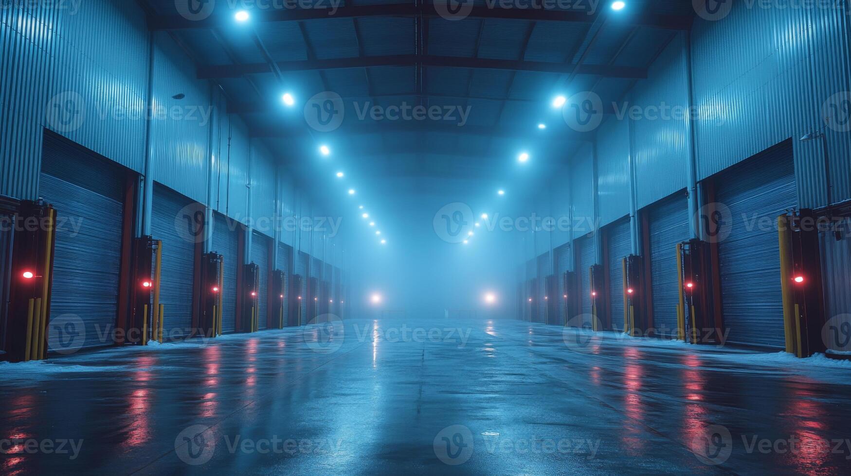 In a spacious cold storage warehouse, specialized climate control systems manage the temperature while loading docks remain illuminated. photo