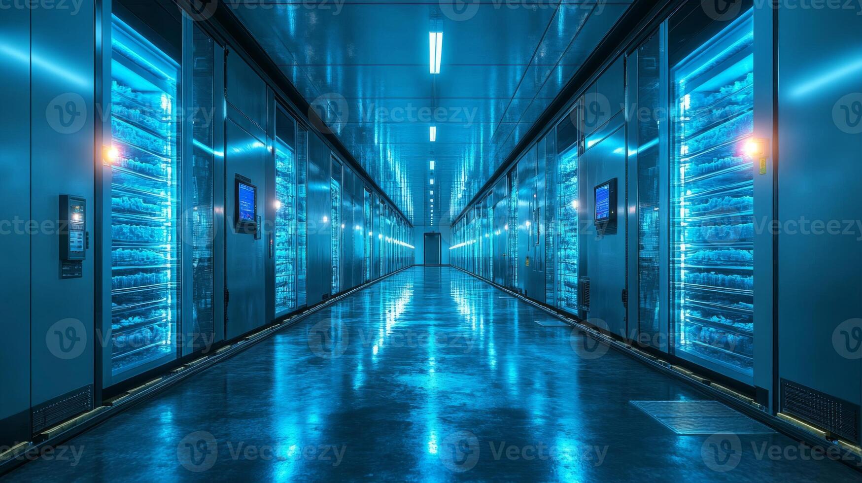 A high tech cold storage area in a logistics warehouse features illuminated shelving for perishable items. The climate controlled environment ensures optimal conditions for pharmaceuticals. photo