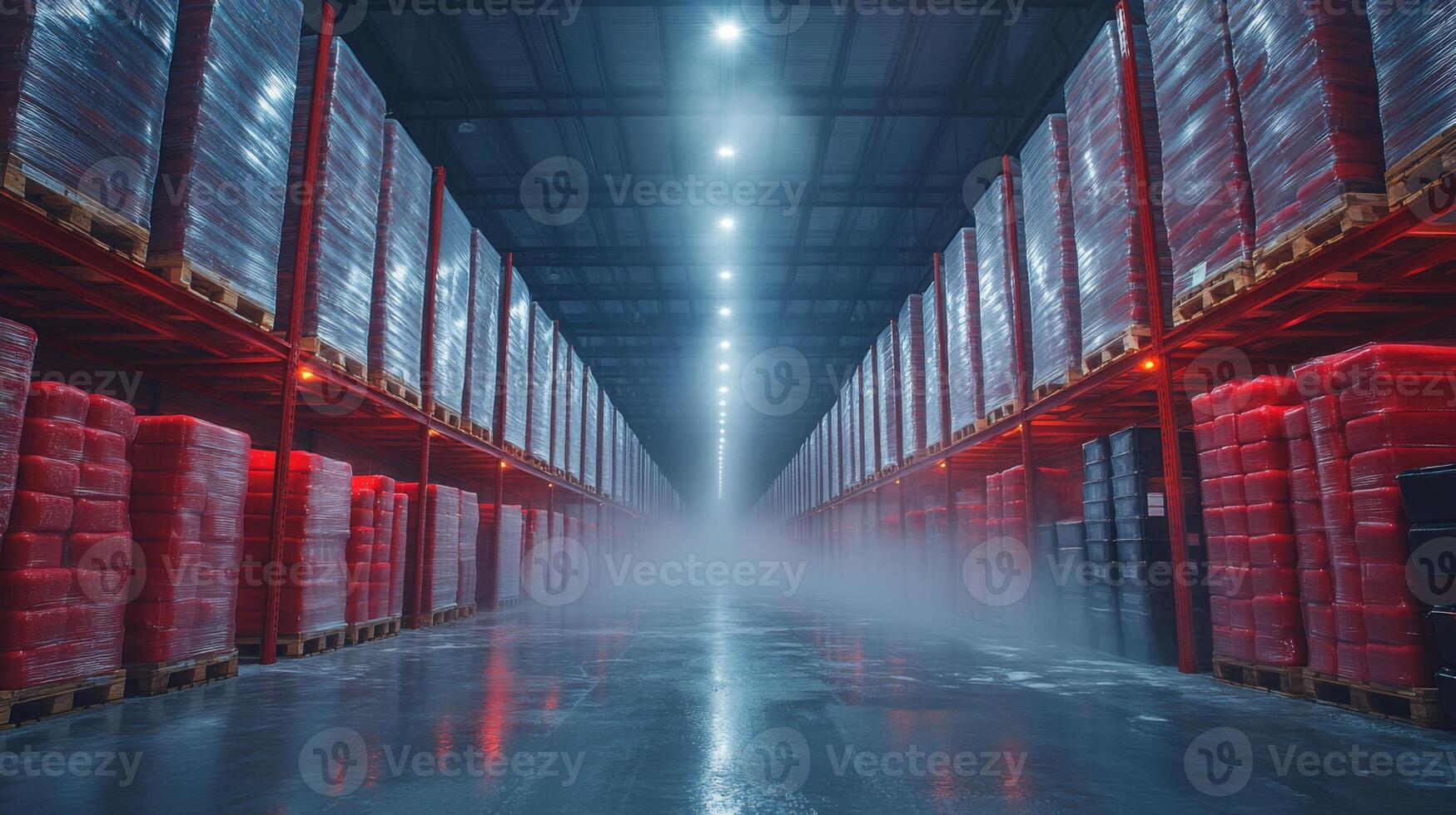 Rows of pallets stacked with perishable items and pharmaceuticals are organized within a cold storage warehouse, showcasing advanced climate control for inventory management. photo
