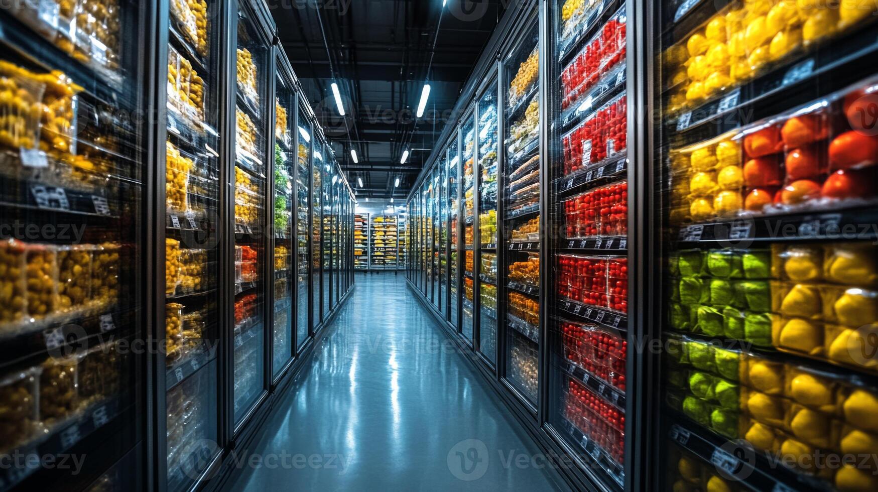 Rows of brightly colored perishable items are stored in refrigeration units within a climate controlled warehouse designed for efficient inventory management in logistics. photo