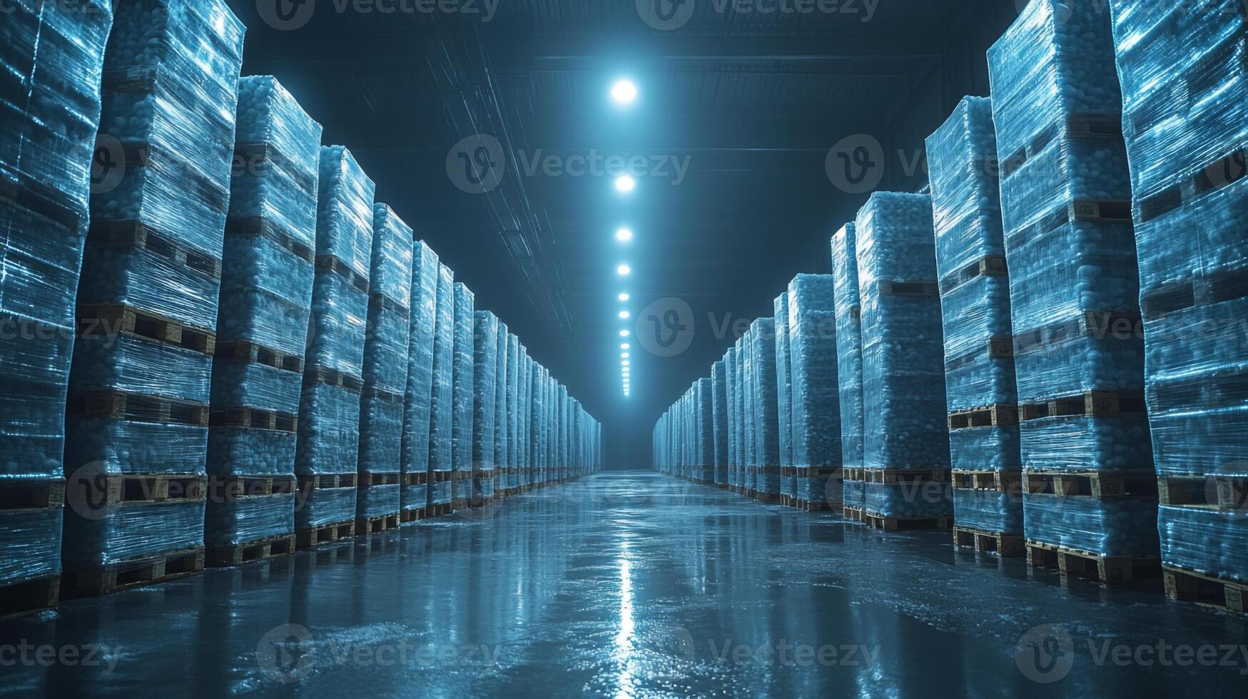 Rows of pallets filled with perishable goods are organized in a cold storage facility, showcasing efficient distribution practices in pharmaceutical logistics with advanced refrigeration technology. photo