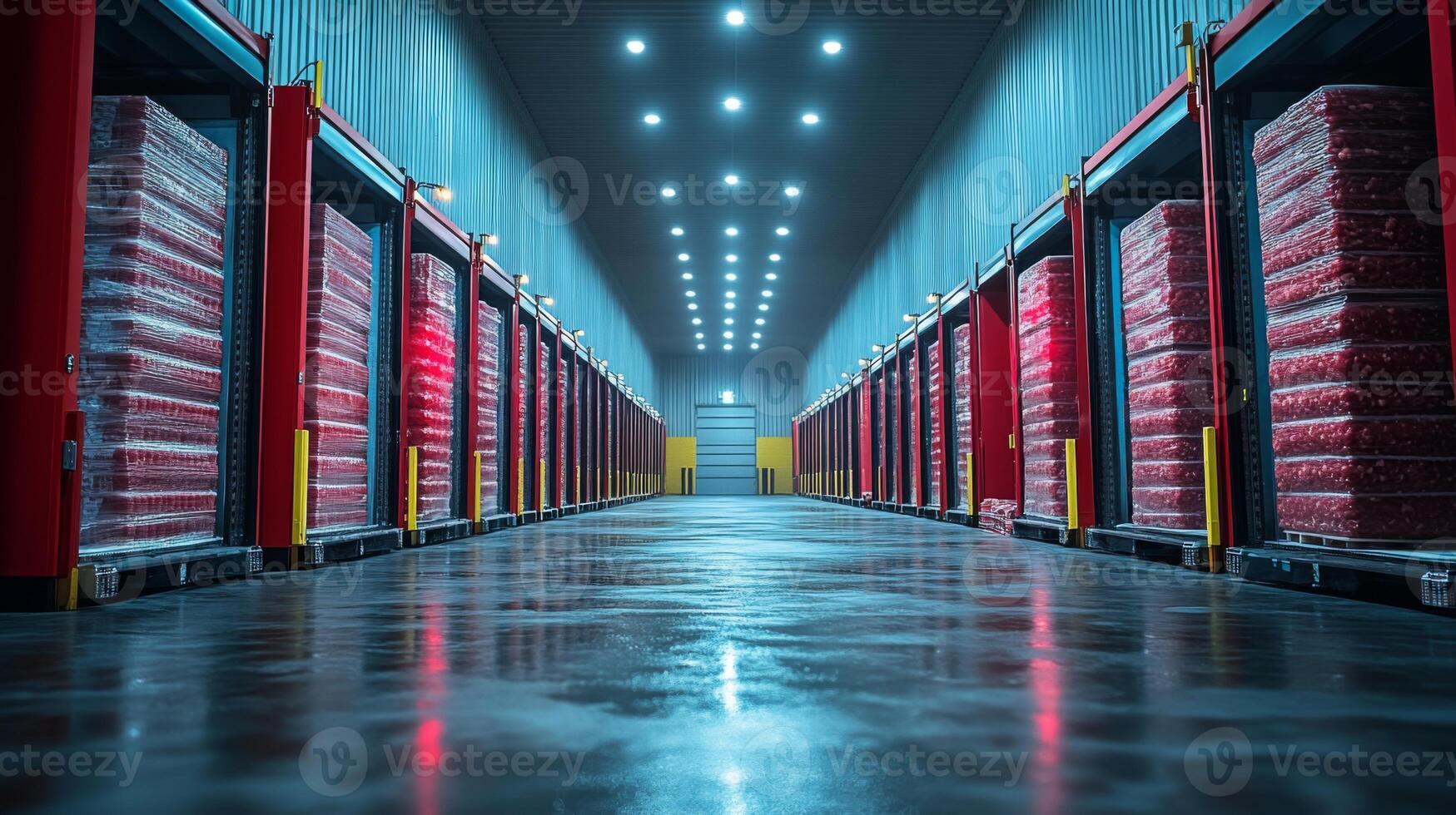 Rows of neatly organized pallets filled with perishable goods are stored in a climate controlled cold storage facility, designed for efficient logistics and distribution operations. photo