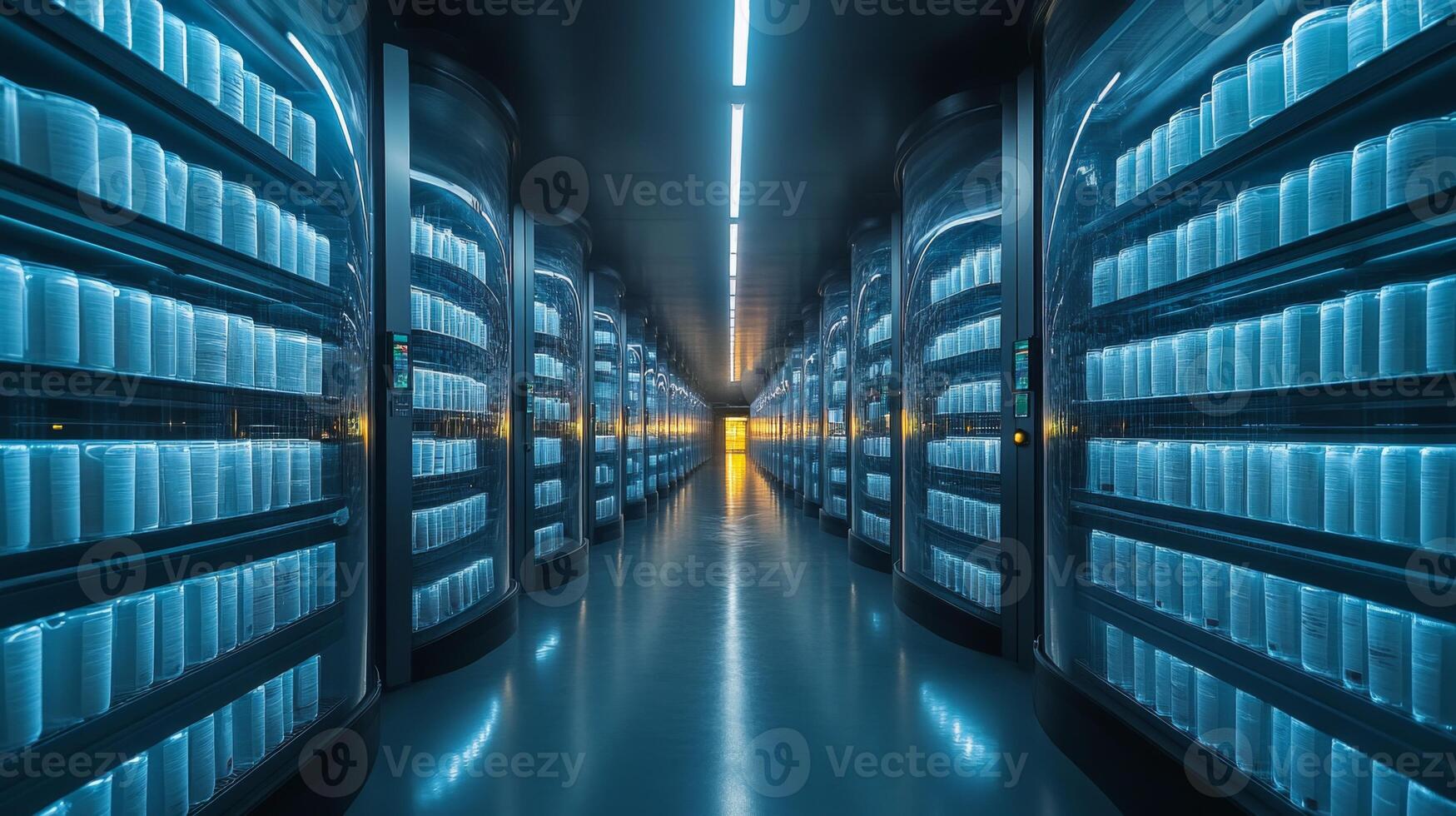 High efficiency cold storage facility designed for pharmaceuticals features organized shelving, climate control systems, and ambient lighting for effective inventory management. photo