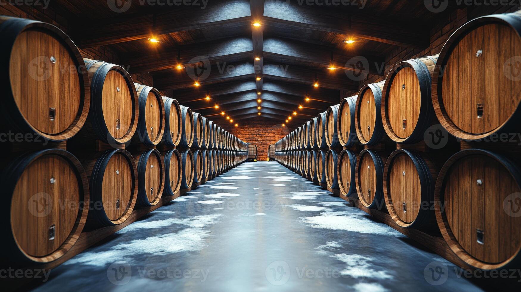 Inside a warehouse, rows of wooden barrels are lined up neatly, emphasizing the importance of organized storage for perishable products requiring refrigeration. photo