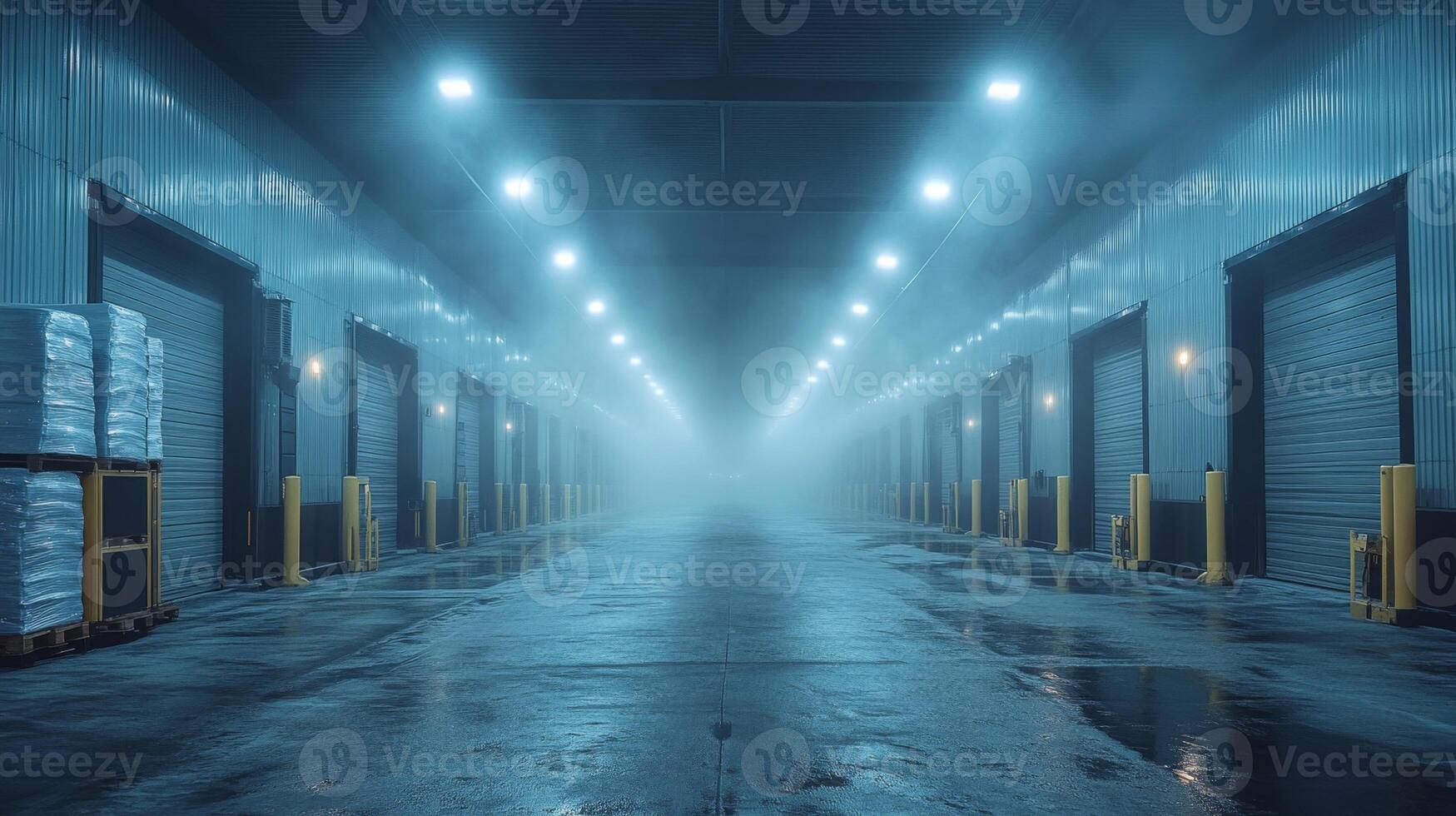 A cold storage warehouse features sophisticated refrigeration systems to preserve perishable goods. Efficient lighting illuminates the clean, organized space, ensuring optimal inventory management. photo