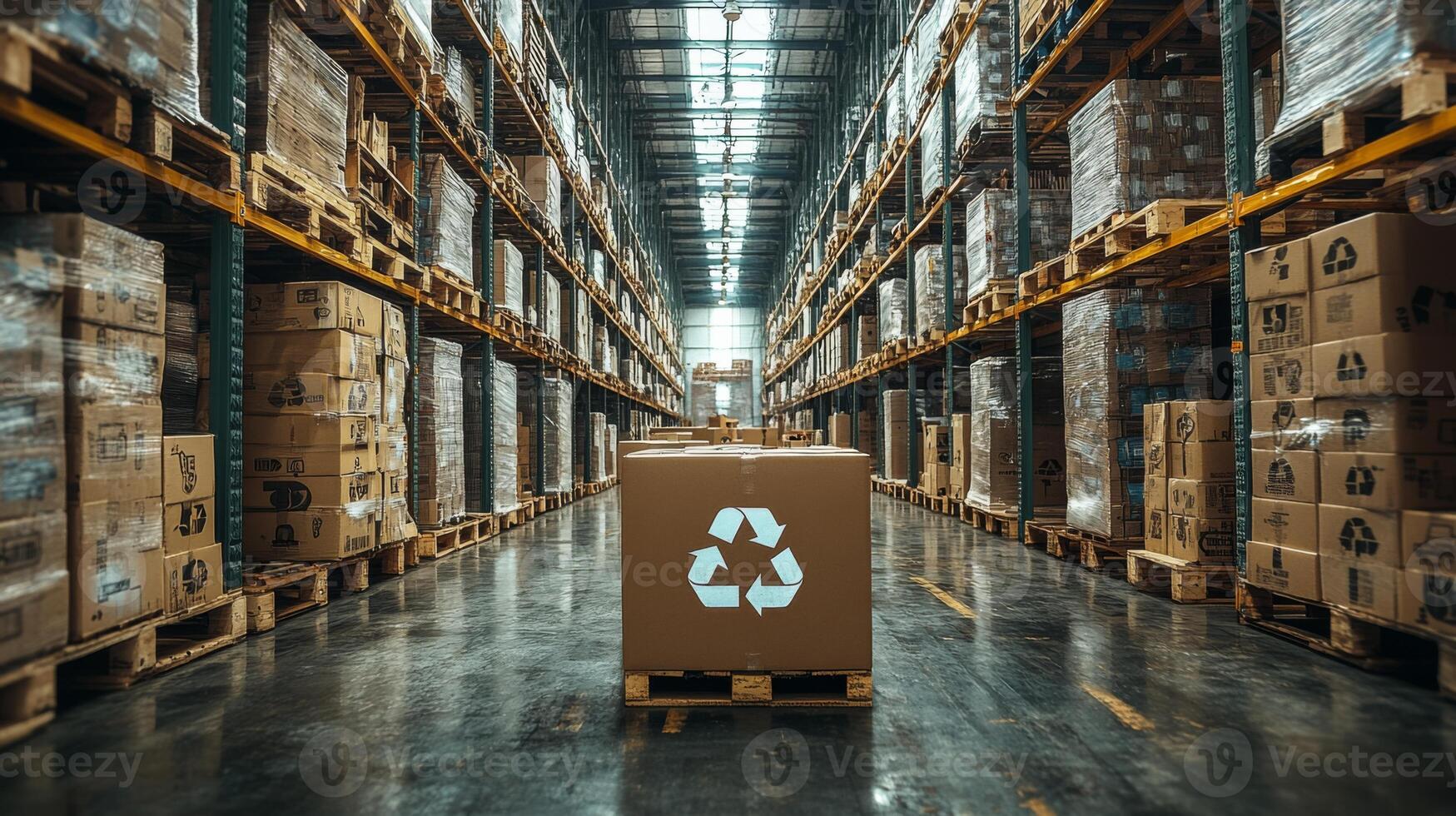 A warehouse designed for logistics and distribution, showcasing neatly stacked pallets of inventory and a focus on sustainable practices through recycling efforts. photo