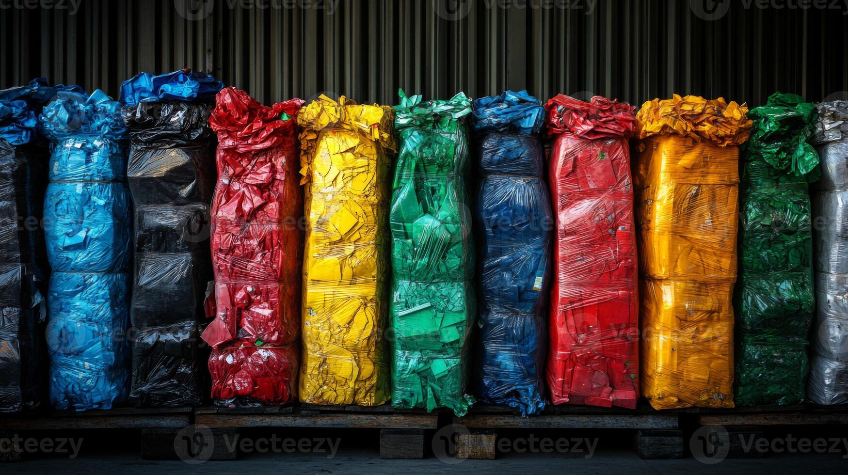 Colorful bales of recyclable materials are stacked neatly in a warehouse, highlighting the importance of sustainability in logistics and efficient inventory management for waste recycling. photo