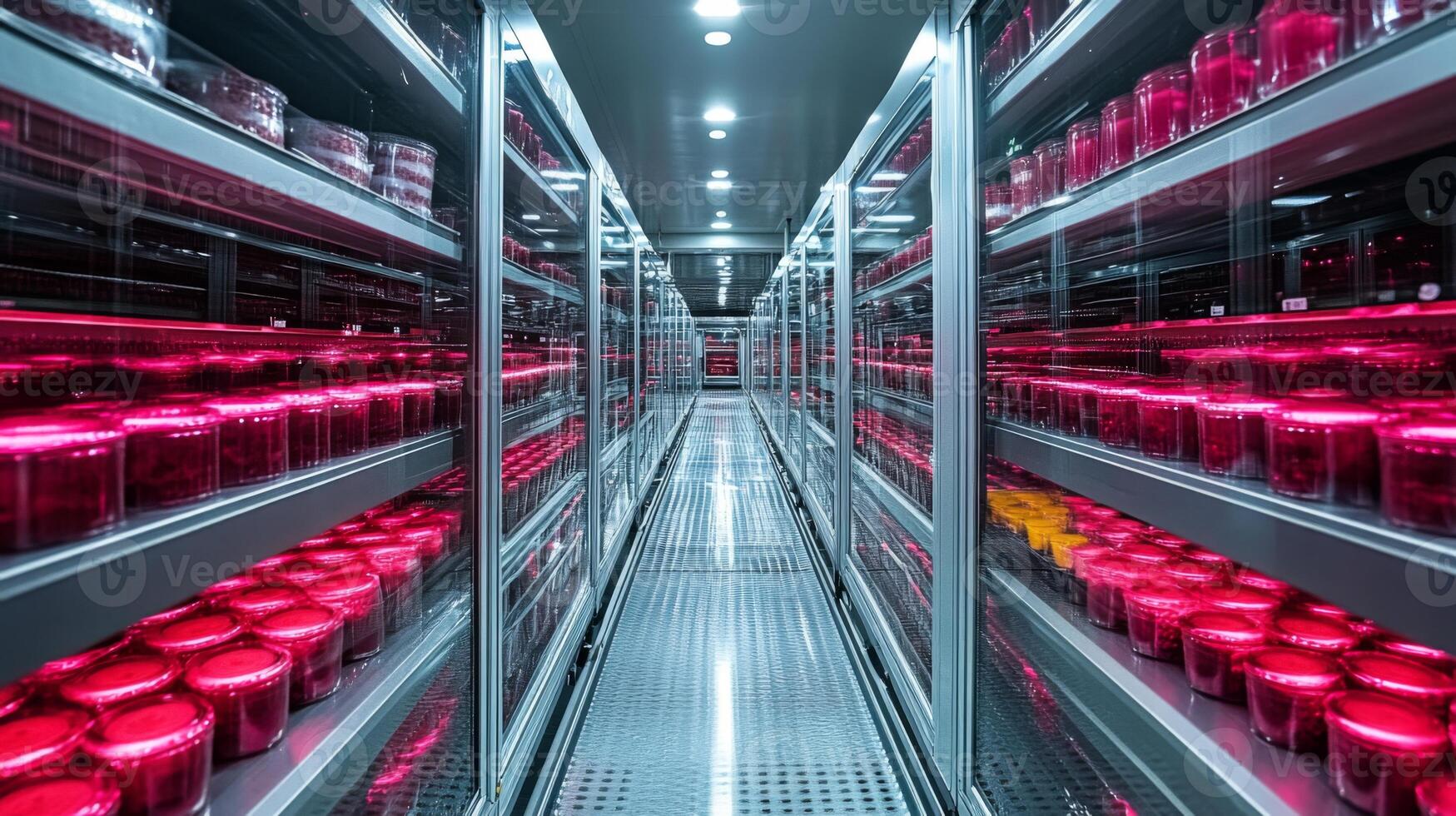 A state of the art cold storage facility features rows of shelves stocked with jars. The interior is well lit, showcasing a climate controlled environment for pharmaceuticals and perishable goods. photo