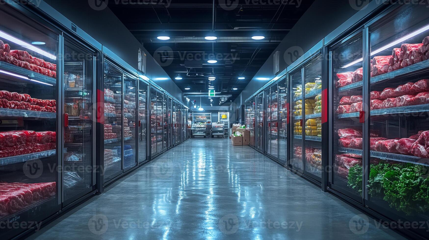 A well arranged cold storage area features multiple refrigerated units displaying various perishable products like meats and vegetables, ensuring optimal inventory management. photo