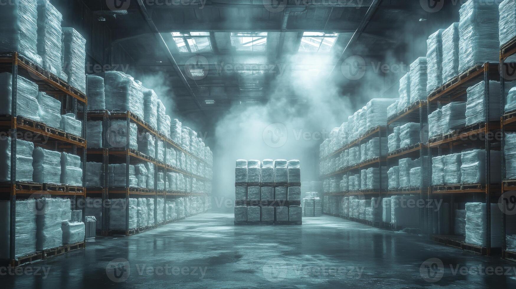 A spacious refrigerated warehouse features organized storage for pharmaceuticals and perishable items, showcasing climate control and a misty atmosphere. photo