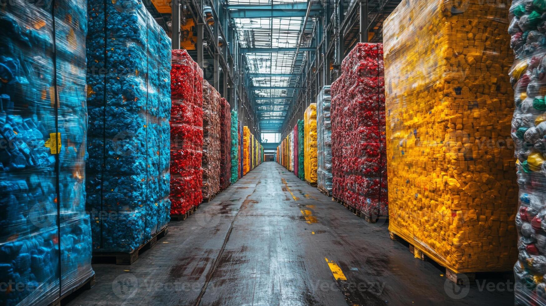 Large logistics warehouse features neatly arranged pallets of colorful recyclable materials stacked high. photo