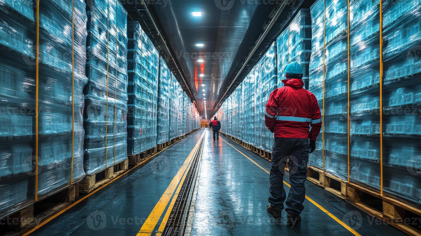 Workers navigate through a cold storage warehouse filled with pallets of perishable items, ensuring proper inventory control and temperature maintenance. photo