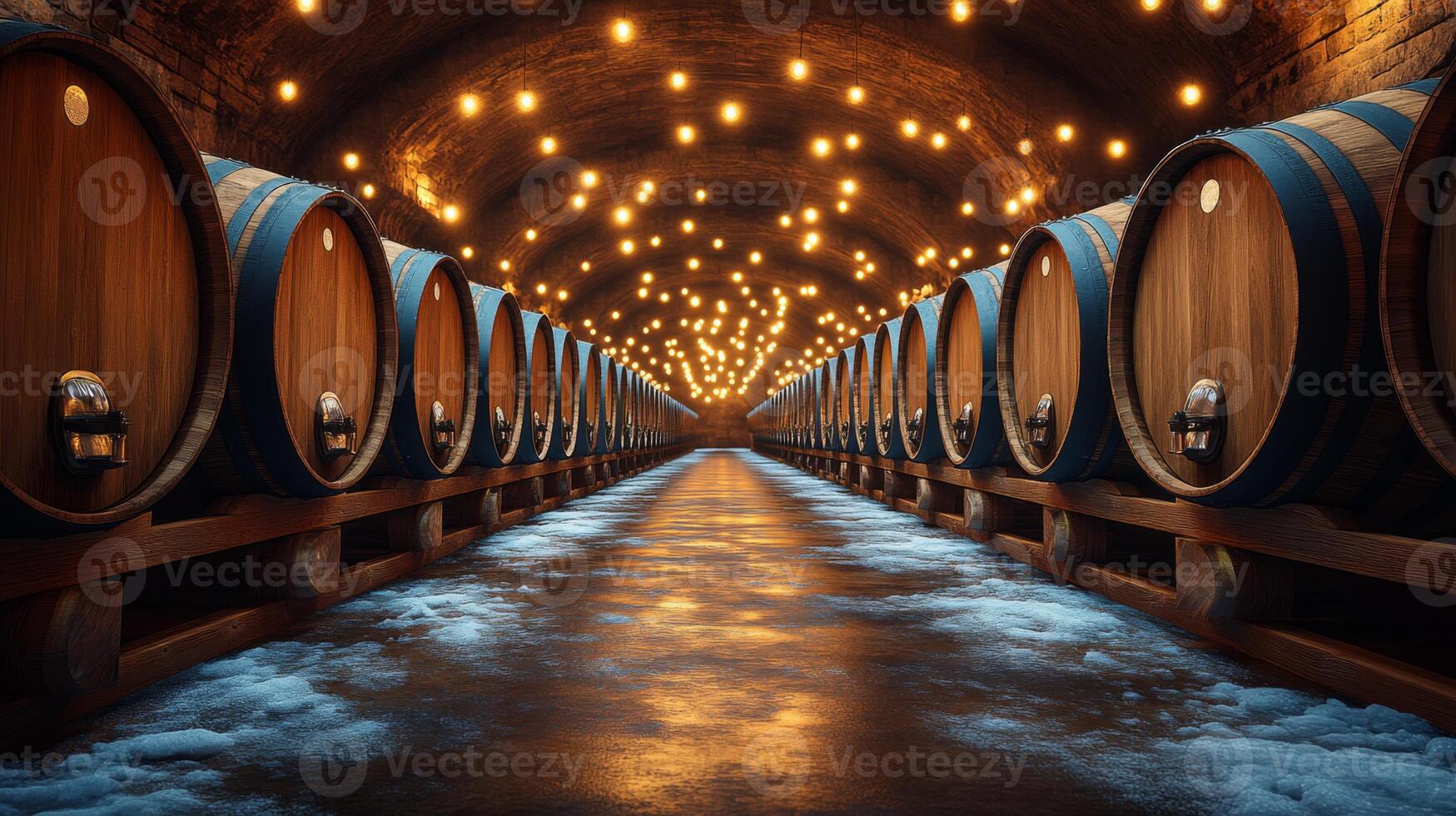 Rows of wooden barrels are organized in a temperature regulated warehouse, featuring ambient lighting for optimal inventory management of perishable goods. photo