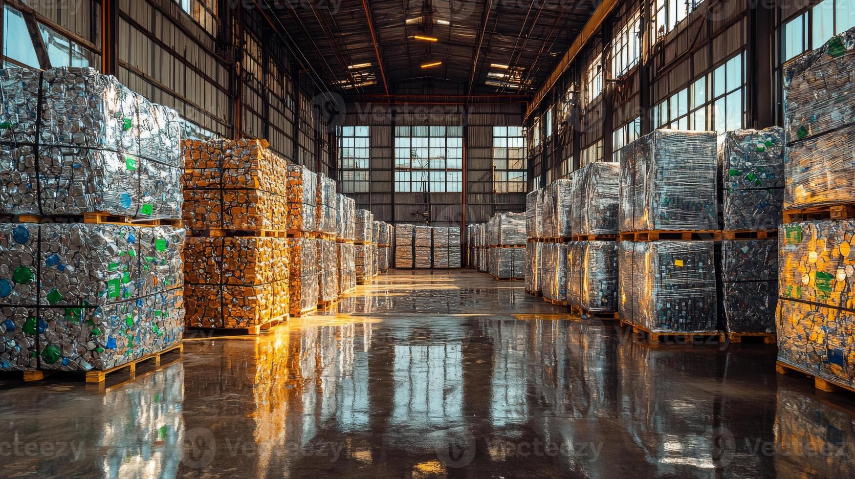 Inside a large warehouse, organized stacks of recyclable materials are stored on pallets. The bright space highlights the importance of sustainability in logistics and waste management. photo