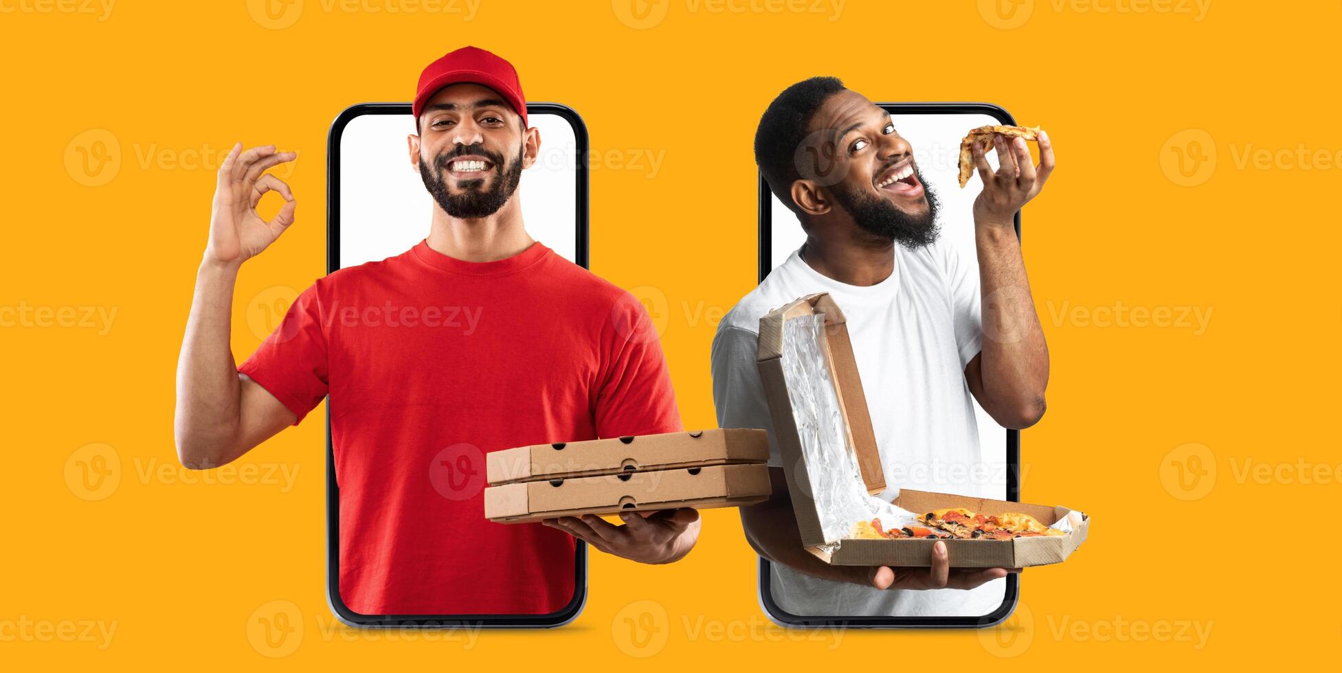 Two individuals are excitedly interacting with their smartphones, showcasing food delivery. One is a customer enjoying a pizza while the other represents a delivery service. photo