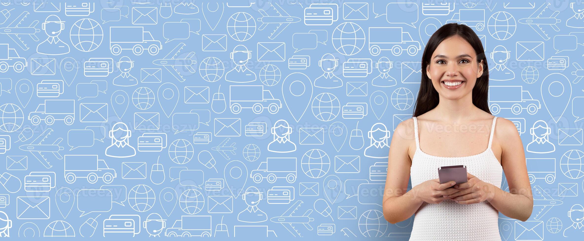 A cheerful individual holds a smartphone while shopping online. The background features a collage of delivery icons and chat bubbles, illustrating the e-commerce experience. photo