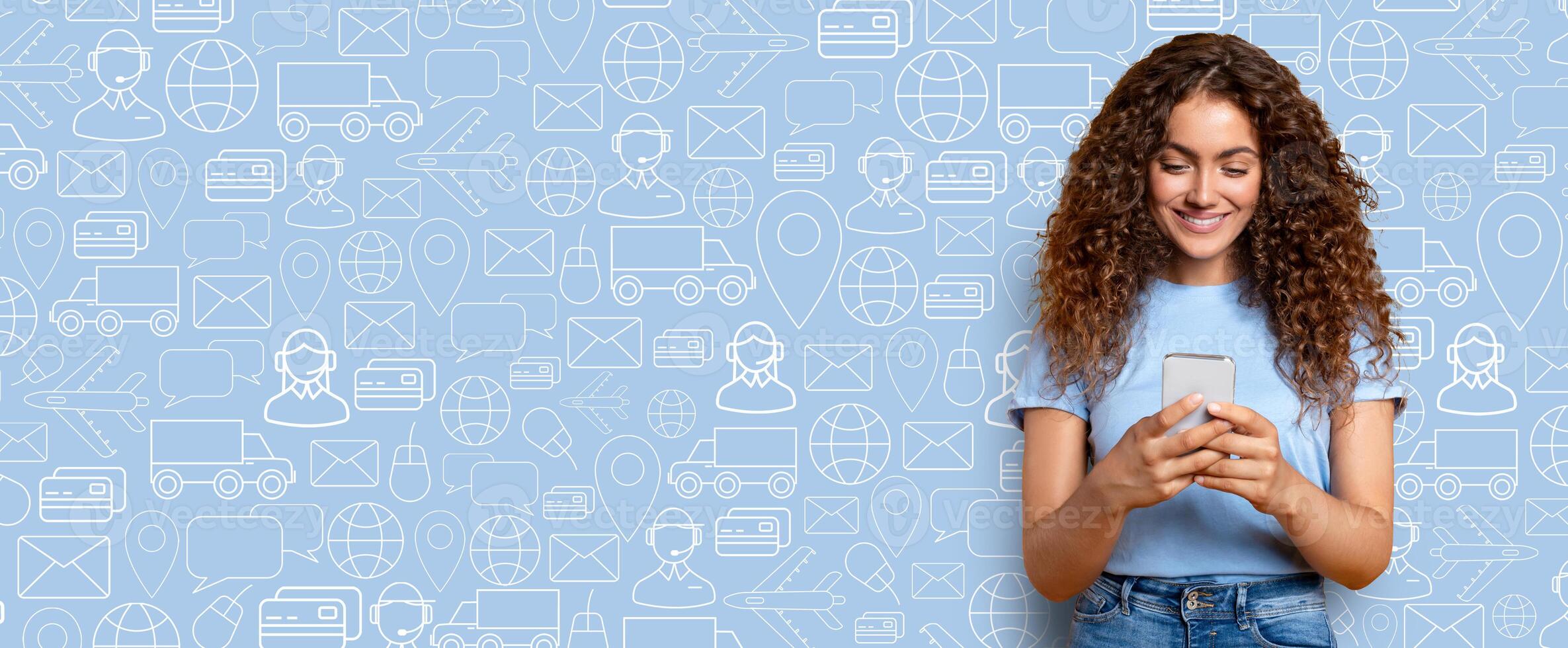 A person engages with a smartphone to browse an online store, exploring various delivery options and services. The background features relevant icons of online shopping and communication. photo