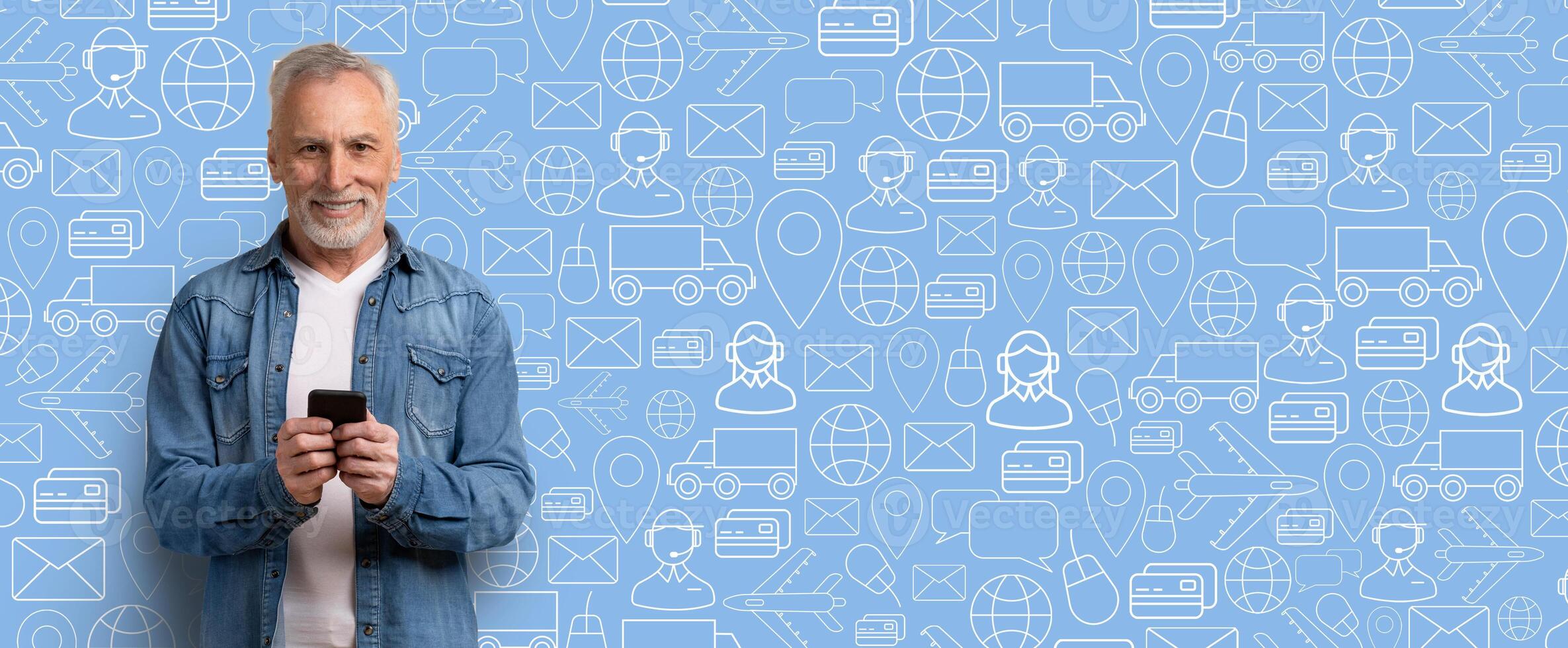A senior man stands smiling while holding a smartphone in his hands. He is engaged in online shopping, surrounded by various delivery service icons in the background. photo