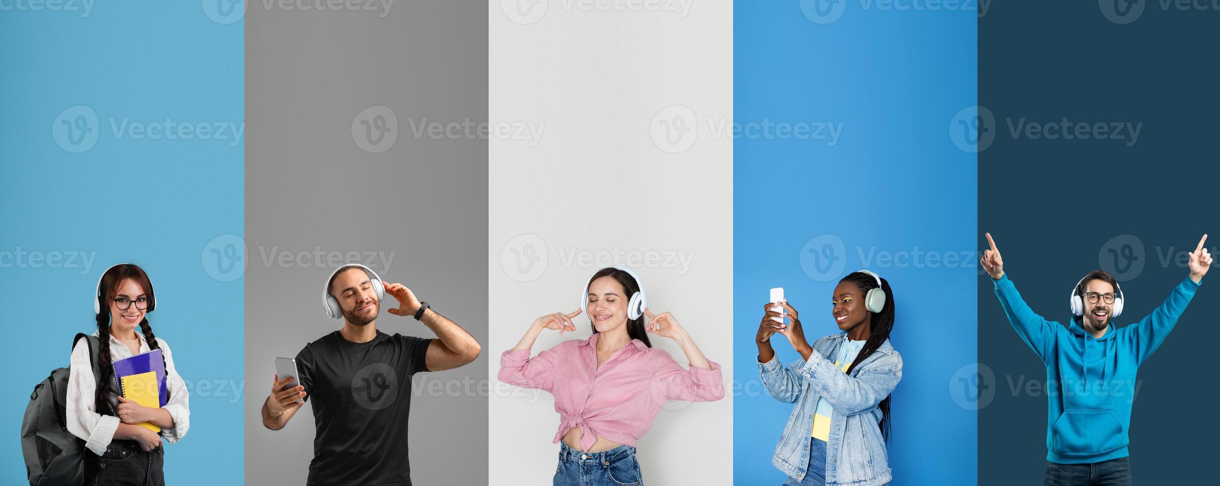 Diverse young individuals listen to music while wearing headphones, expressing joy and excitement. They are showcased against a colorful backdrop, engaging with their devices in a fun atmosphere. photo