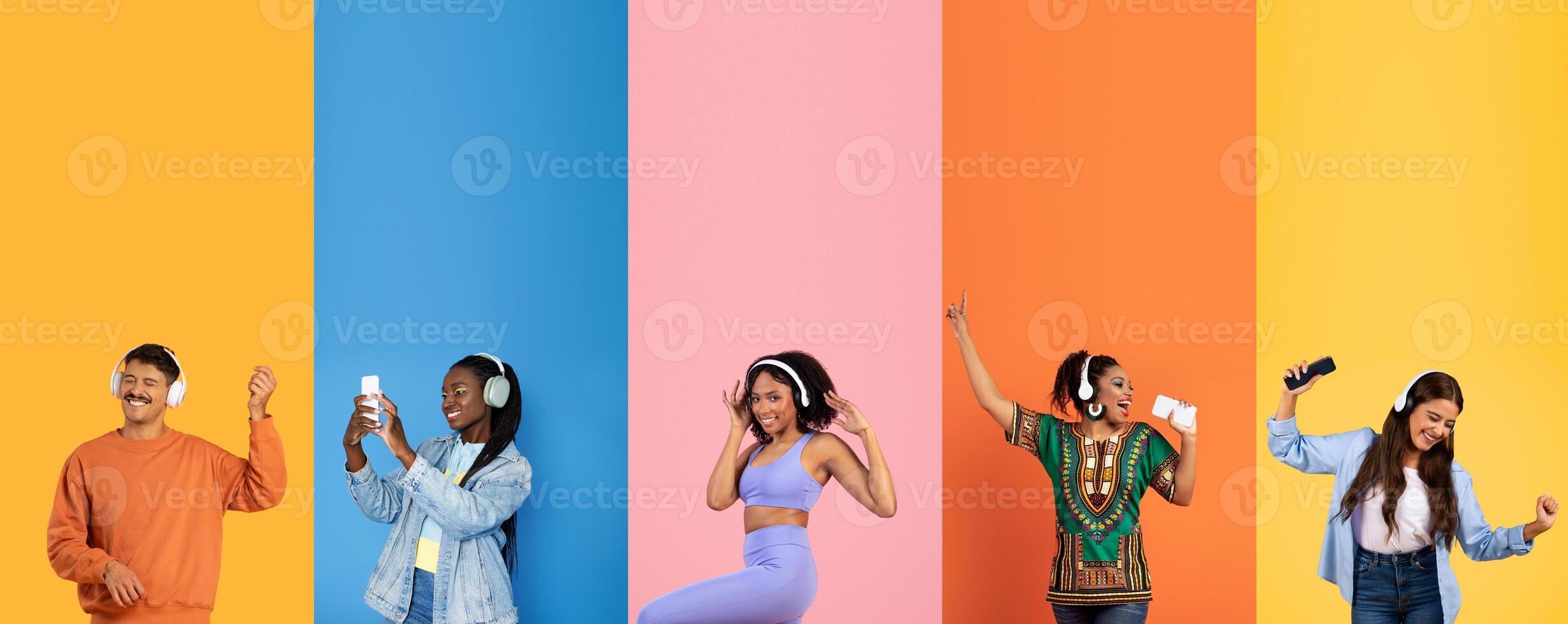 A group of diverse young individuals happily listen to music while wearing headphones. They engage in a fun activity against a vibrant, colorful backdrop, sharing joyful moments together. photo