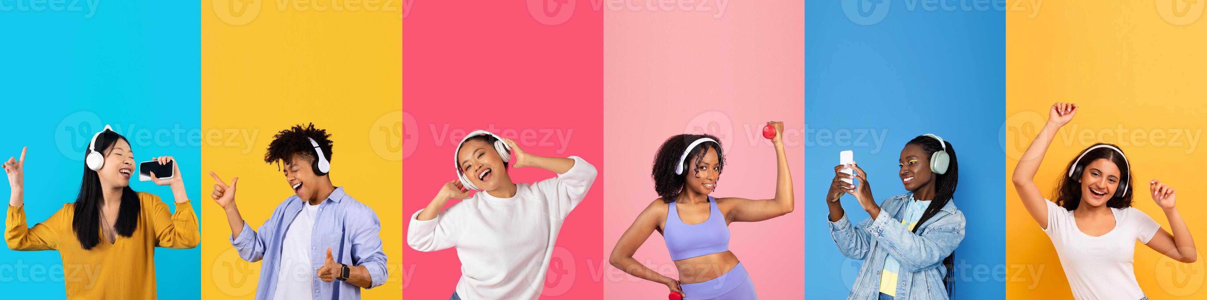 Groups of young individuals express joy while listening to music through headsets. They dance, sing, and celebrate their love for technology against colorful backgrounds. photo