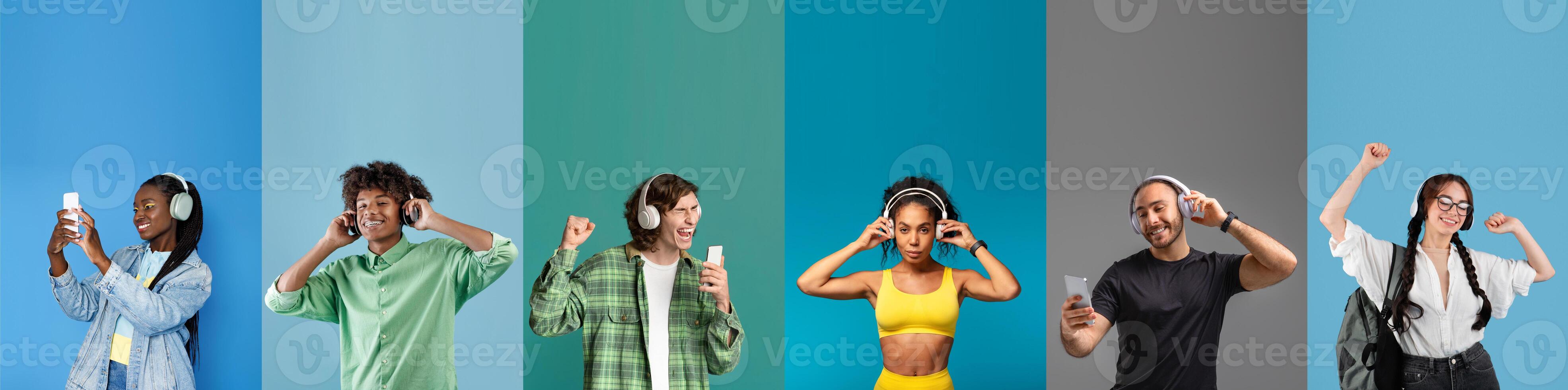 A collection of young individuals from diverse backgrounds happily listening to music with headphones. They express joy and excitement, showcasing their enjoyment of technology and music. photo
