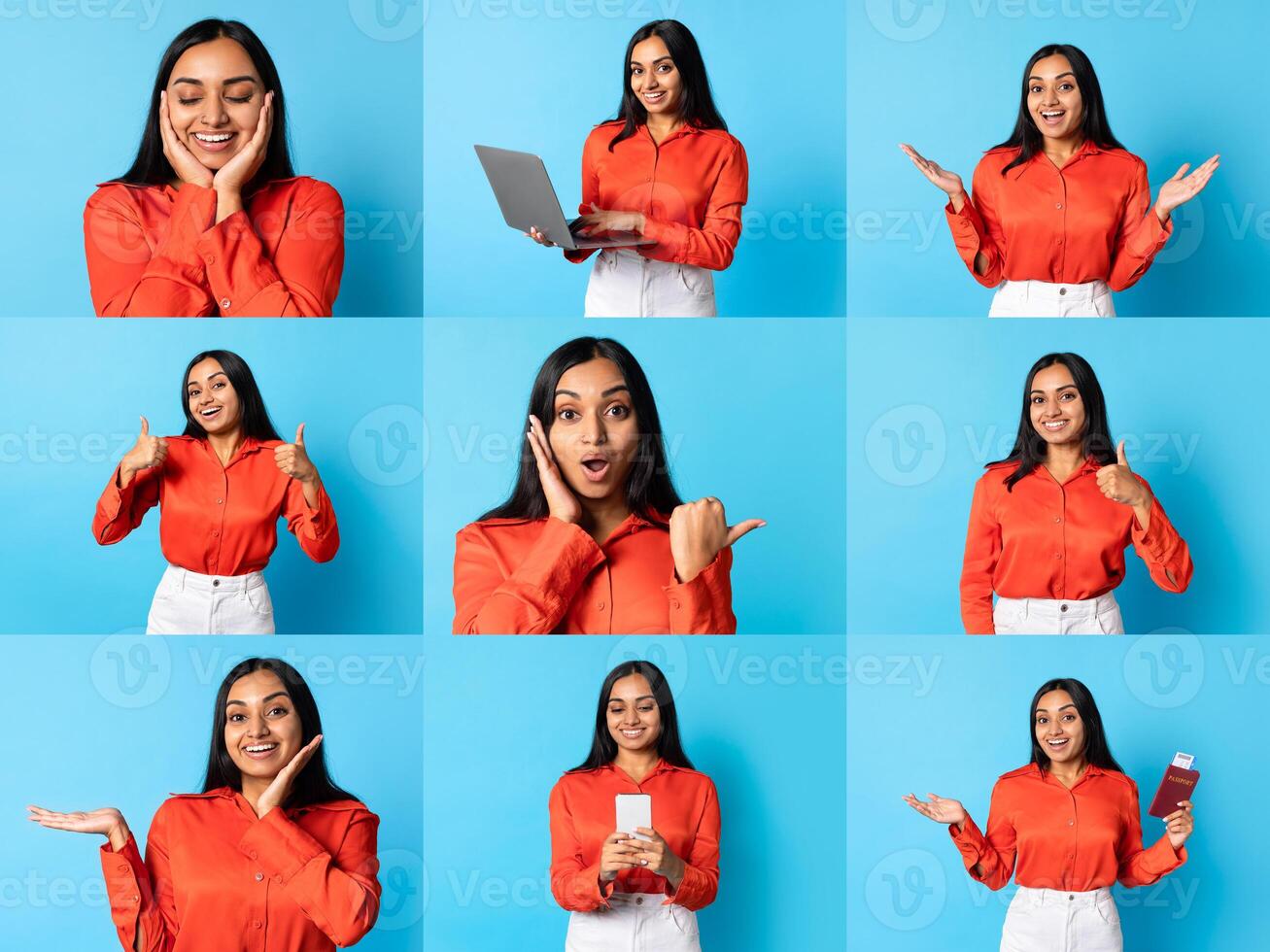 A collection of photos of woman displaying various expressions and gestures against a bright blue background. This set highlights positivity and enthusiasm in a modern context.