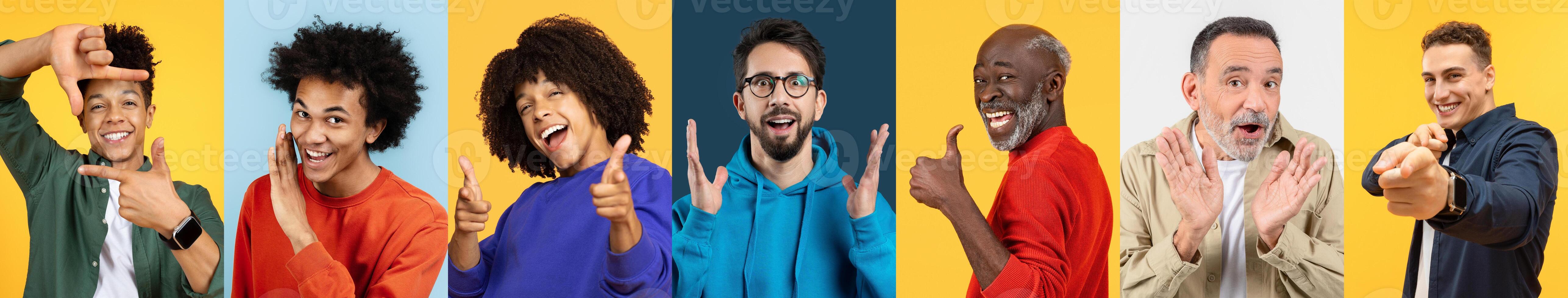 A colorful collection showcases a diverse group of men sharing cheerful expressions and gestures photo