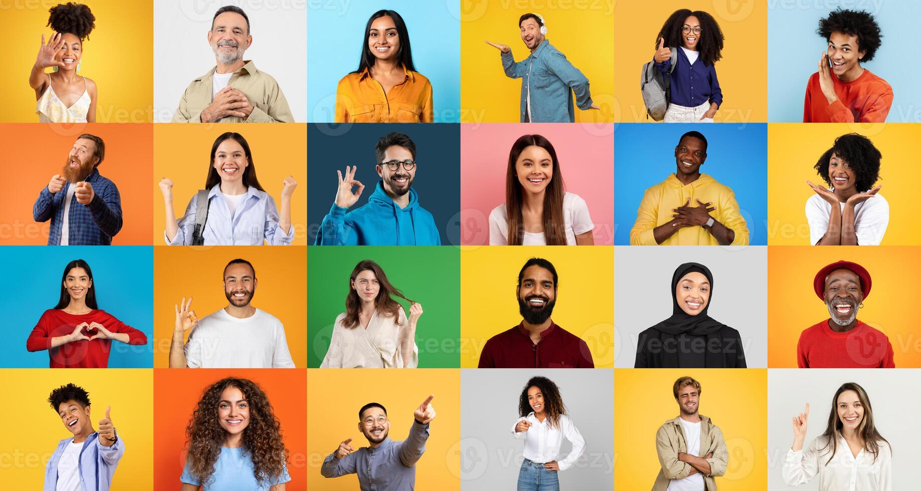 A vibrant collection of diverse individuals expressing various emotions. photo