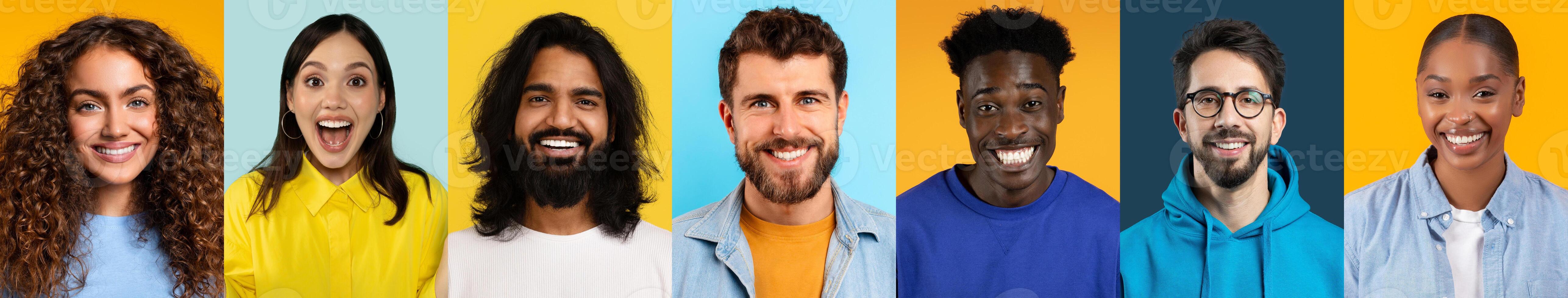 A collection of diverse people with different hair and skin types smiling joyfully. The background features vibrant colors, showcasing the beauty of unity among individuals. photo