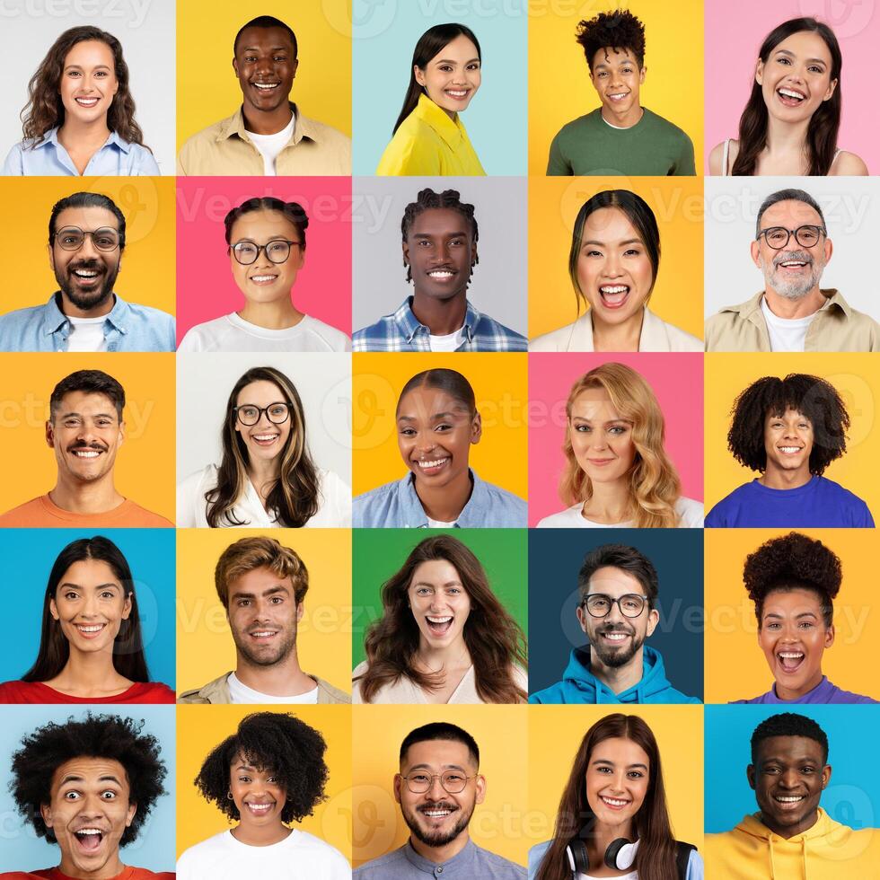 A colorful collage features a diverse group of men and women smiling and expressing joy. Each person represents various backgrounds, creating a vibrant celebration of diversity. photo