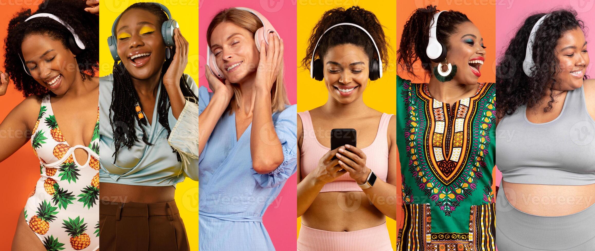 A vibrant collection of young women with diverse backgrounds enjoying music using headphones. They exhibit joy and energy against a bright, colorful backdrop, showcasing technology and fun. photo