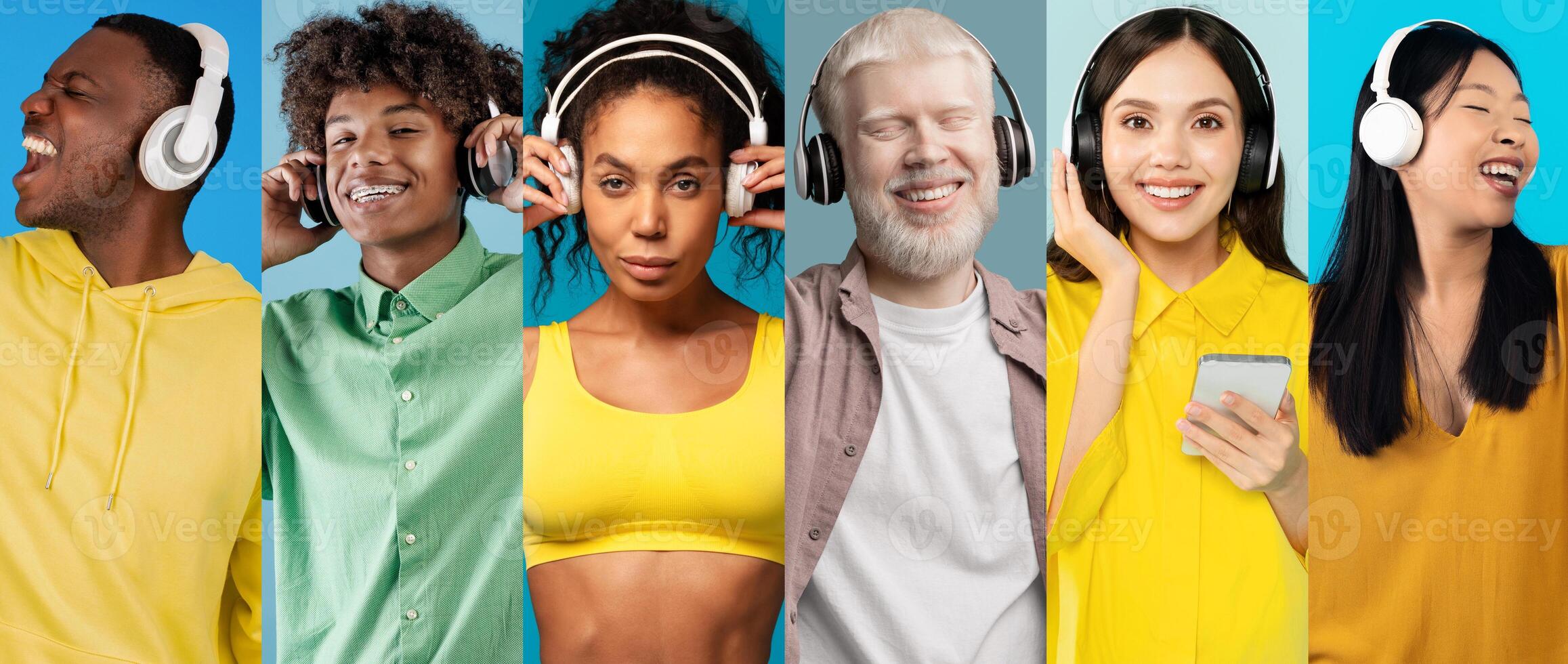A lively collection of young individuals from diverse backgrounds blissfully listening to music with headsets. Each person expresses joy in a colorful setting, showcasing modern technology culture. photo