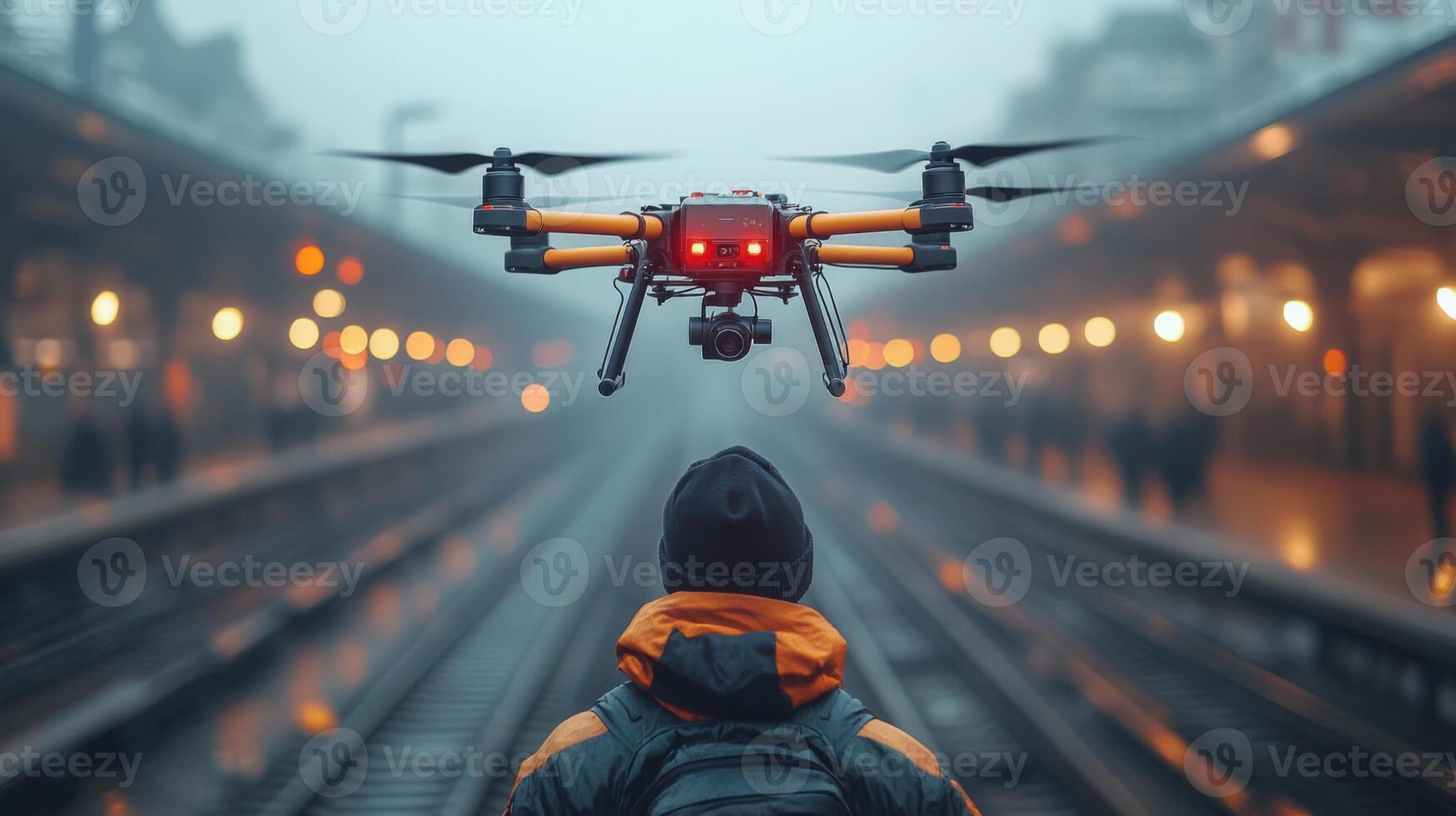 A person stands at a train station observing a drone equipped for surveillance. The environment is foggy, and the station is bustling with commuters. photo