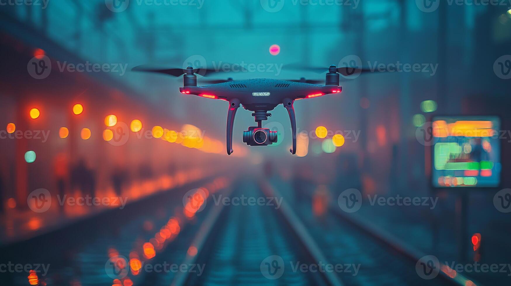A surveillance drone is hovering above railway tracks at an urban train station, equipped with a camera to monitor activities and ensure security in the transportation network. photo