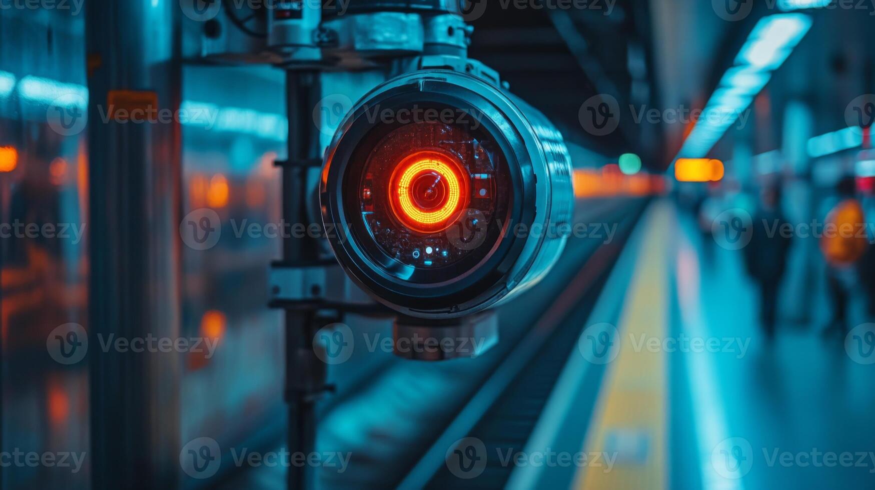 A surveillance camera equipped with advanced technology observes a train platform, ensuring smooth operations and security for arriving and departing passengers in a bustling transport hub. photo