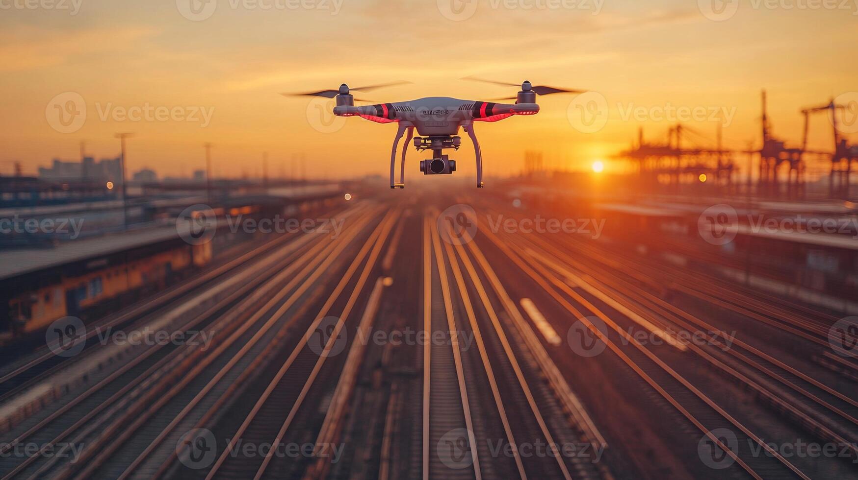 A drone operates over railway tracks at a logistics and transportation facility during sunset, focusing on monitoring and inspection activities to improve security and automation. photo